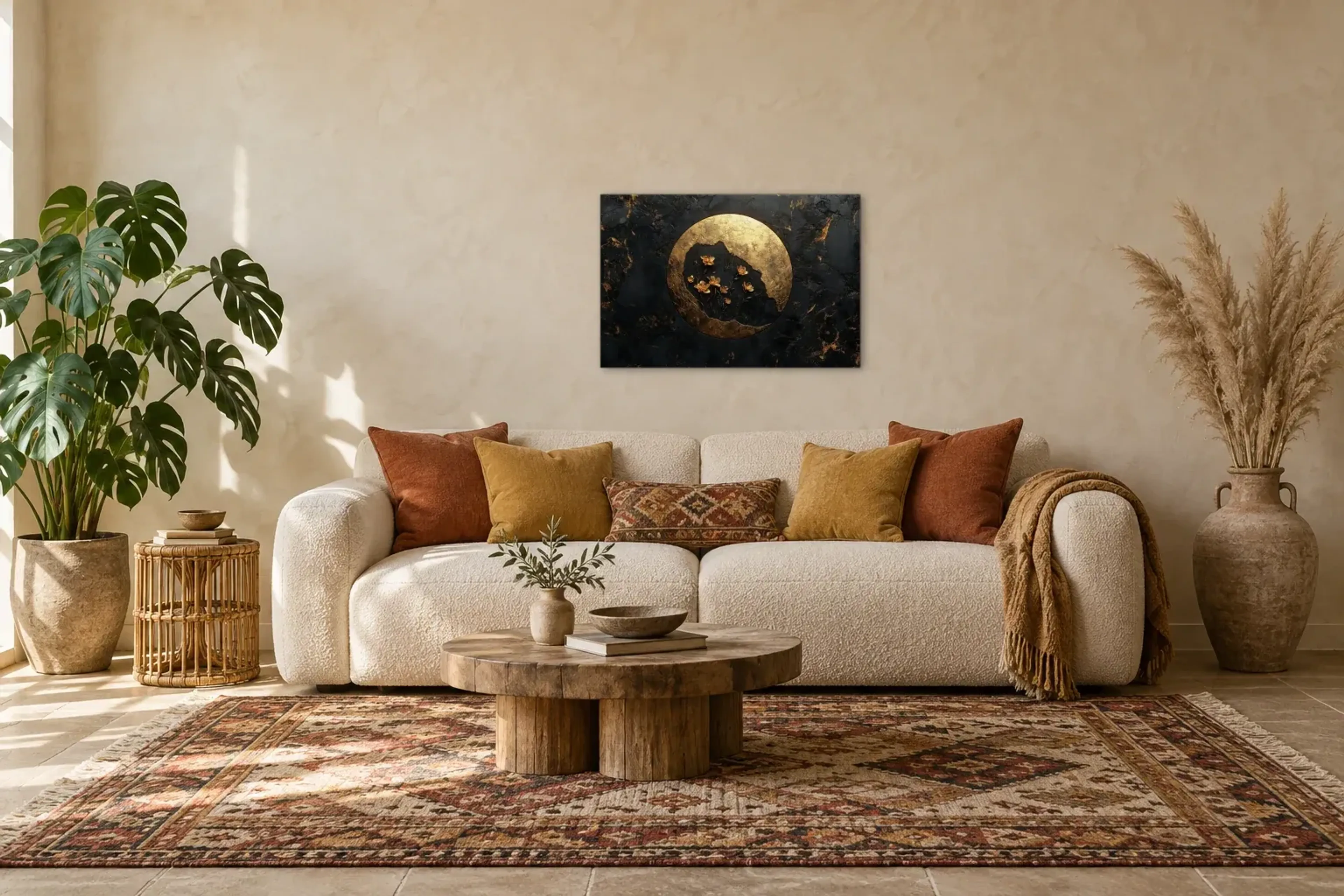 Blüten im Goldkreis als Wandbild über einem 220-cm-Sofa