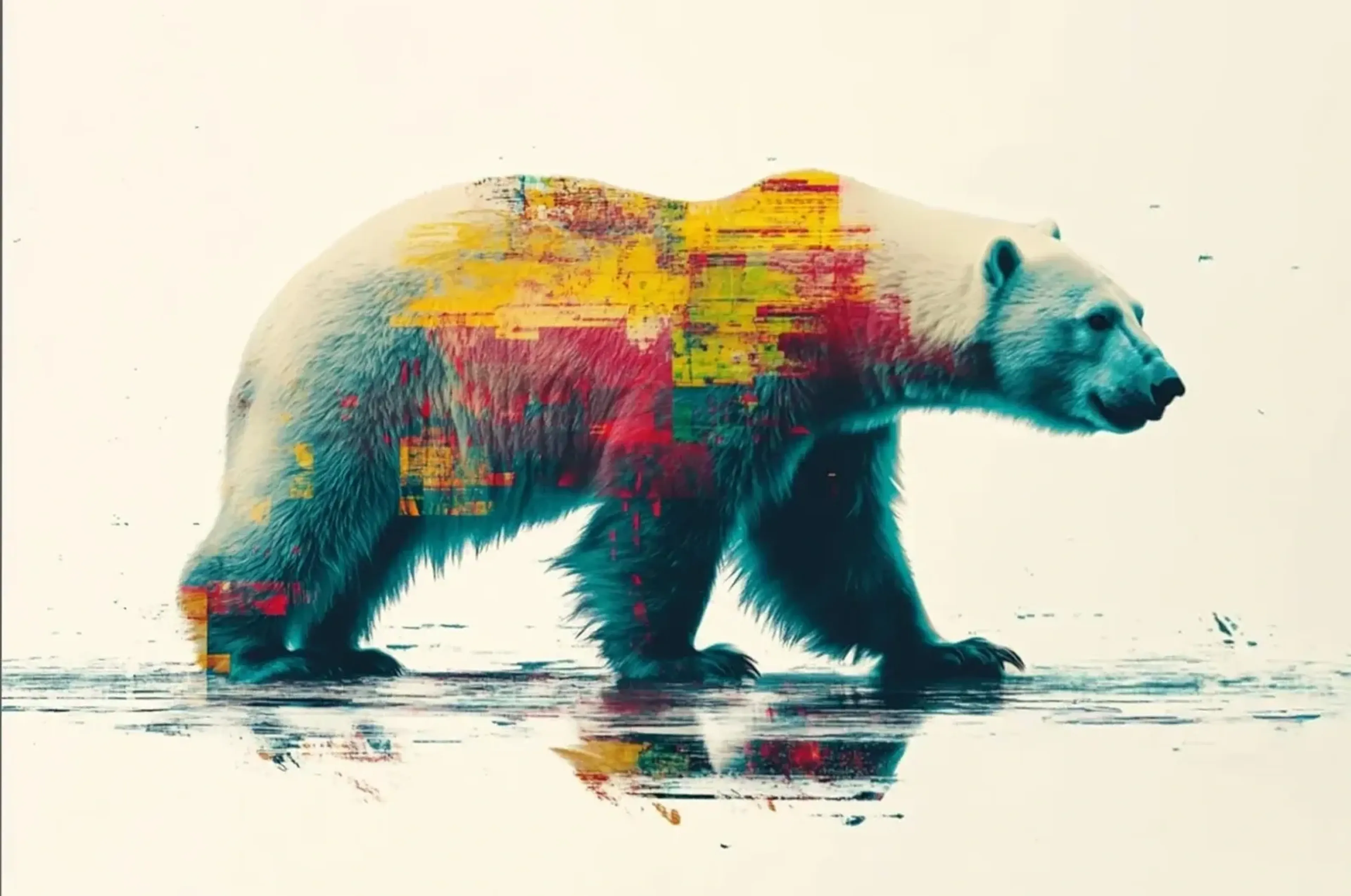 Eisbär mit farbiger Spiegelung – Motiv als Wandbild auf Holz