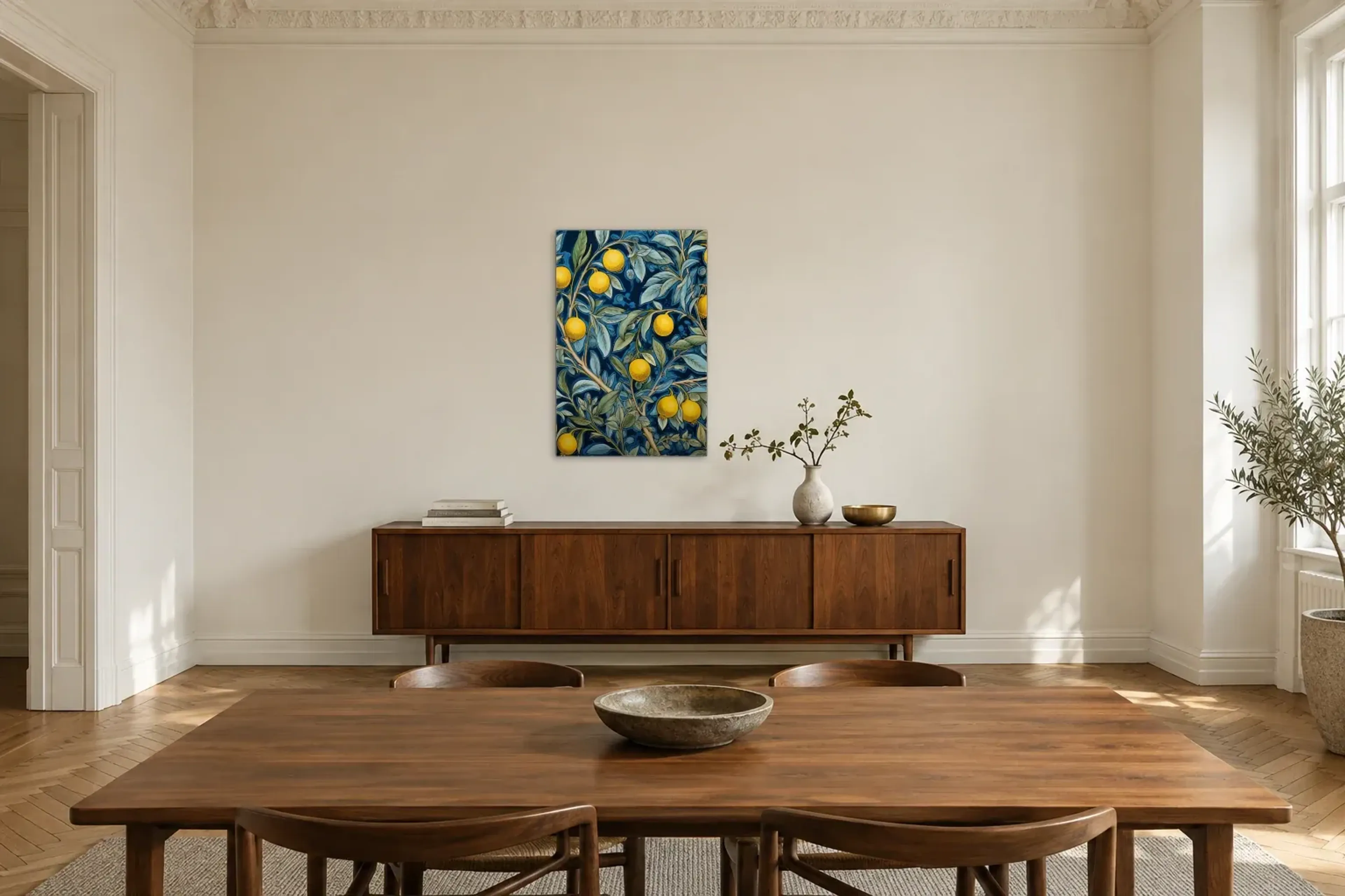 Zitronengeäst auf Nachtblau als Wandbild über einem 200-cm-Sideboard