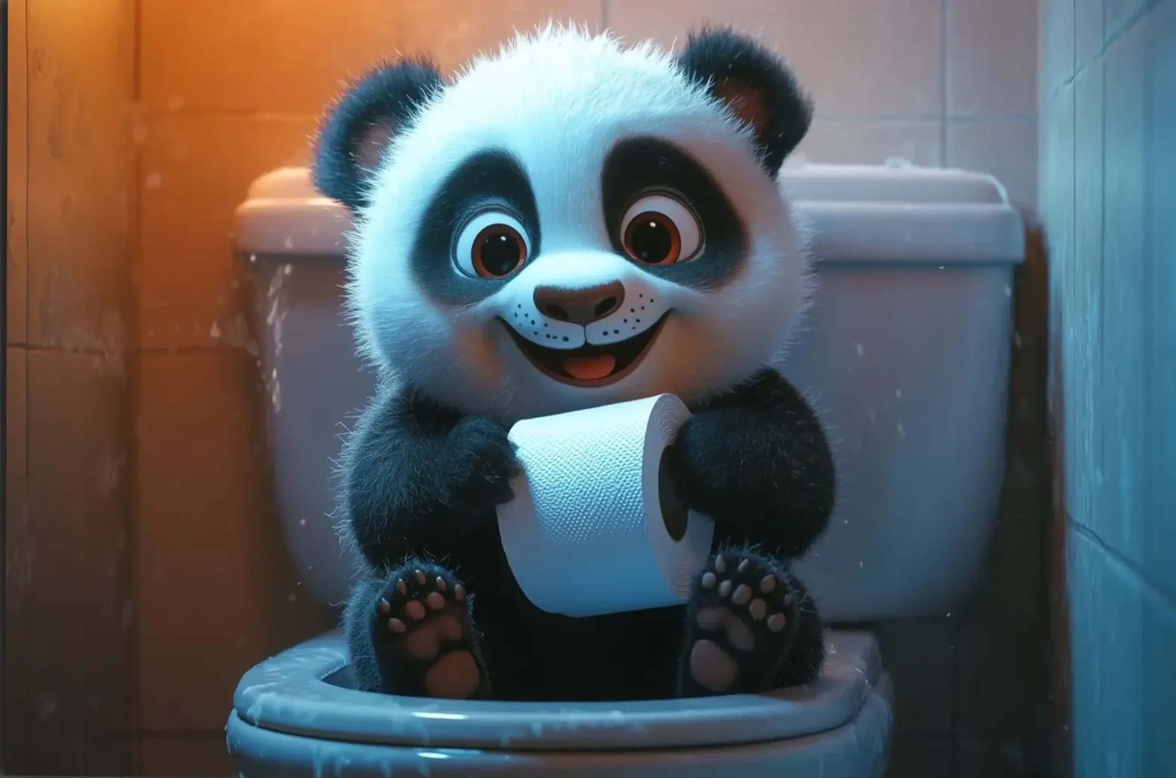 Panda im blauen Licht – Motiv als Wandbild auf Holz