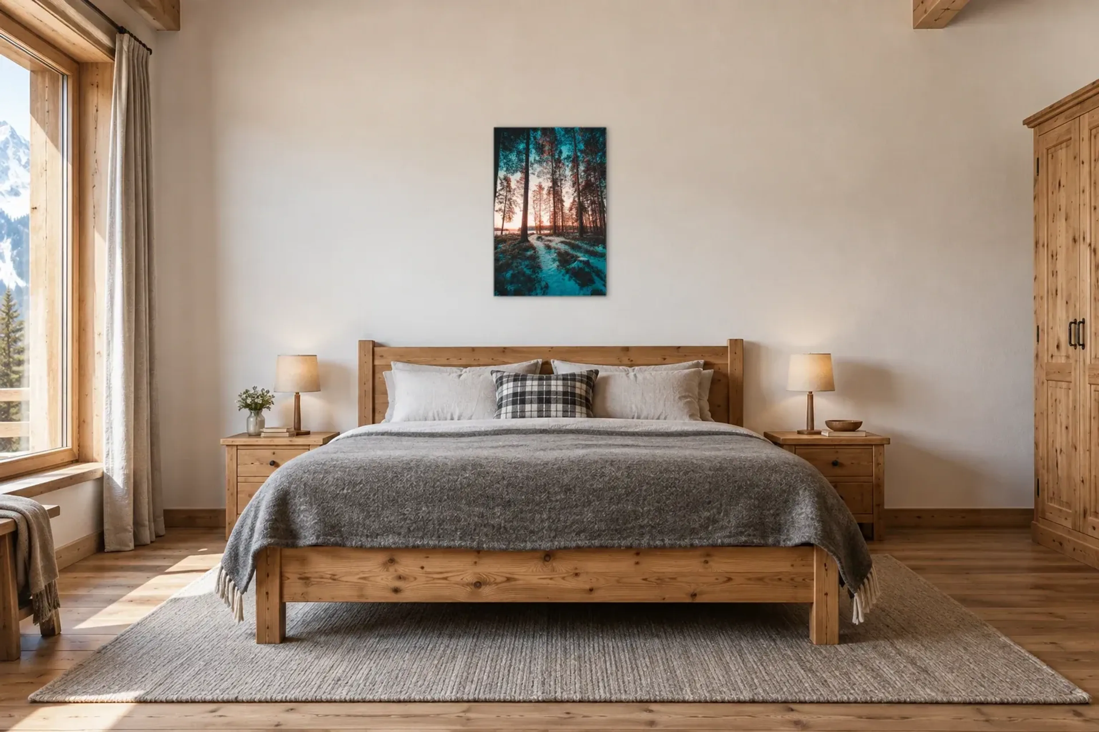 Winterpfad im Abendlicht als Wandbild über einem 180-cm-Bett