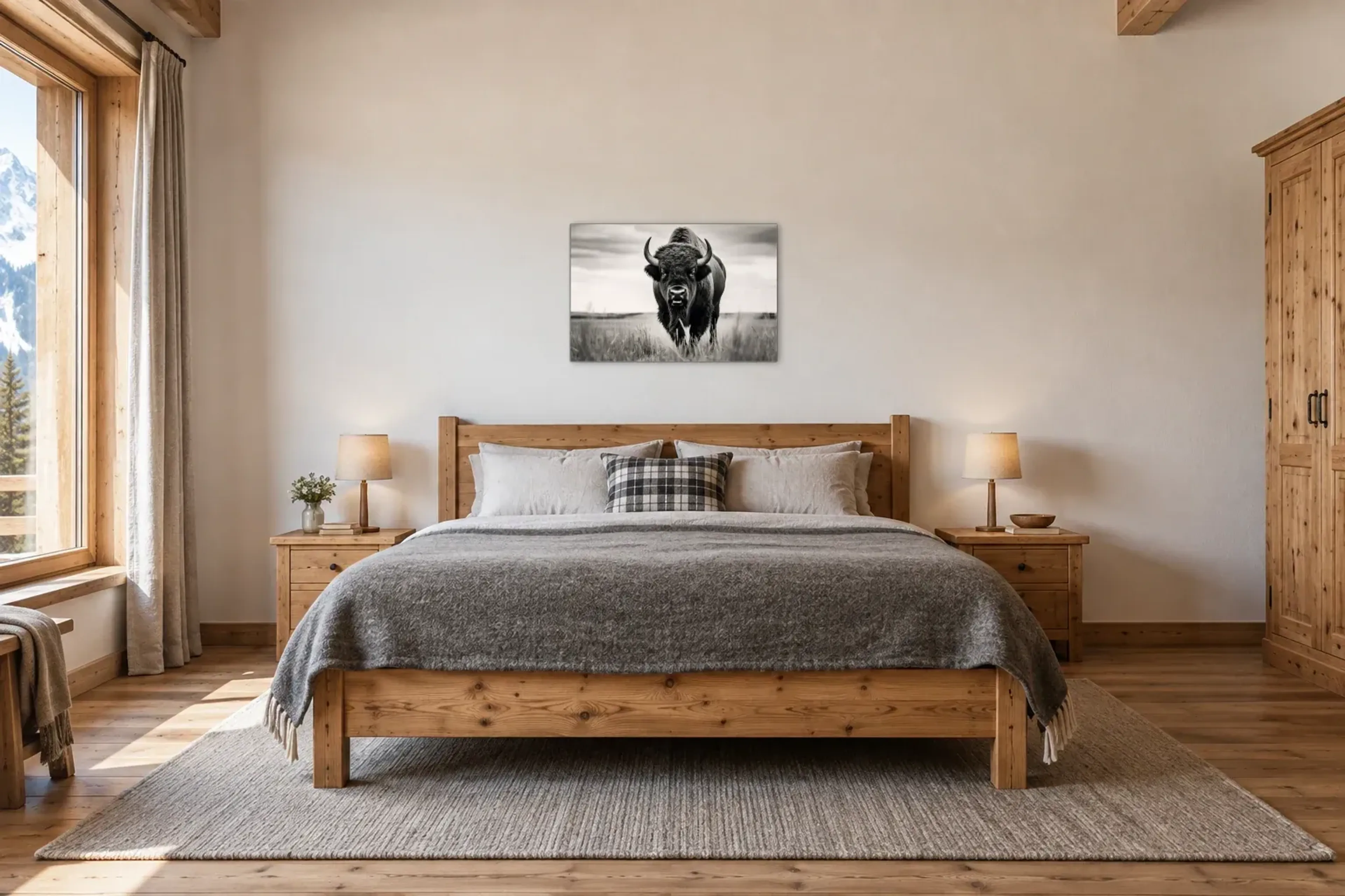 Bison in Schwarz-Weiß als Wandbild über einem 180-cm-Bett