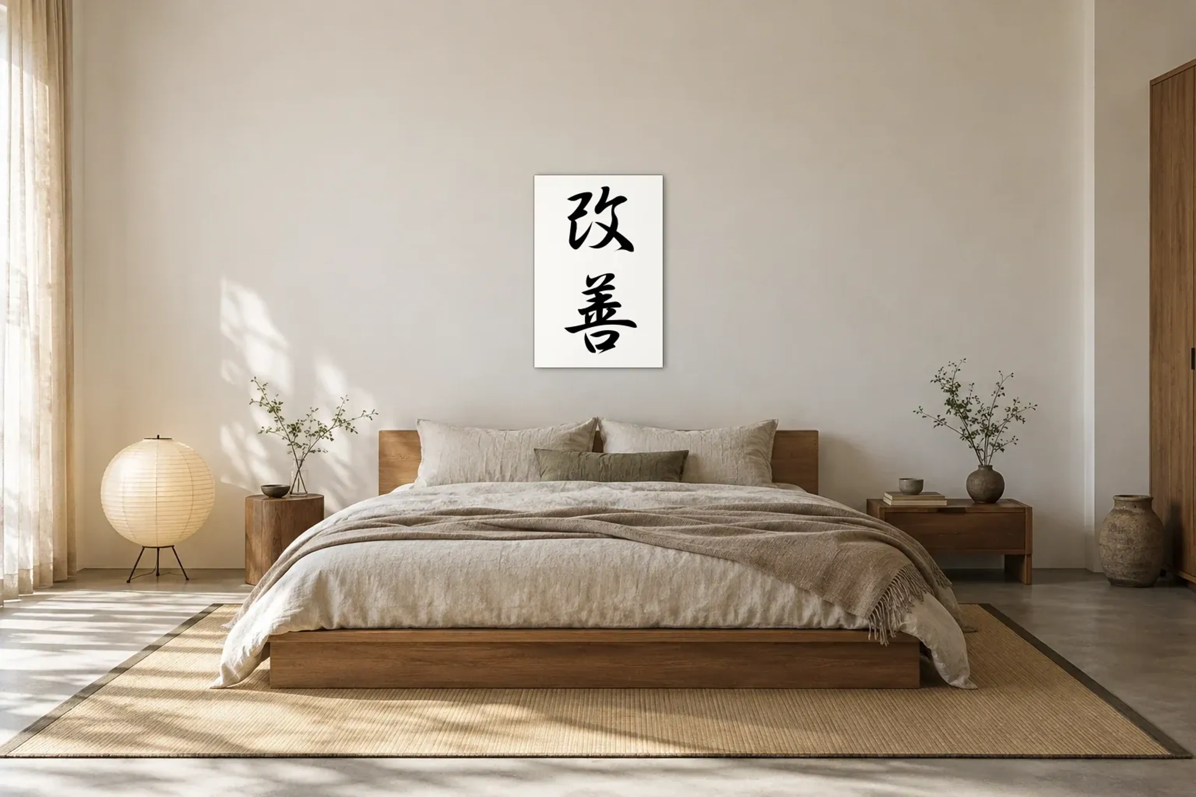 Kaizen in Schwarz-Weiß als Wandbild über einem 180-cm-Bett