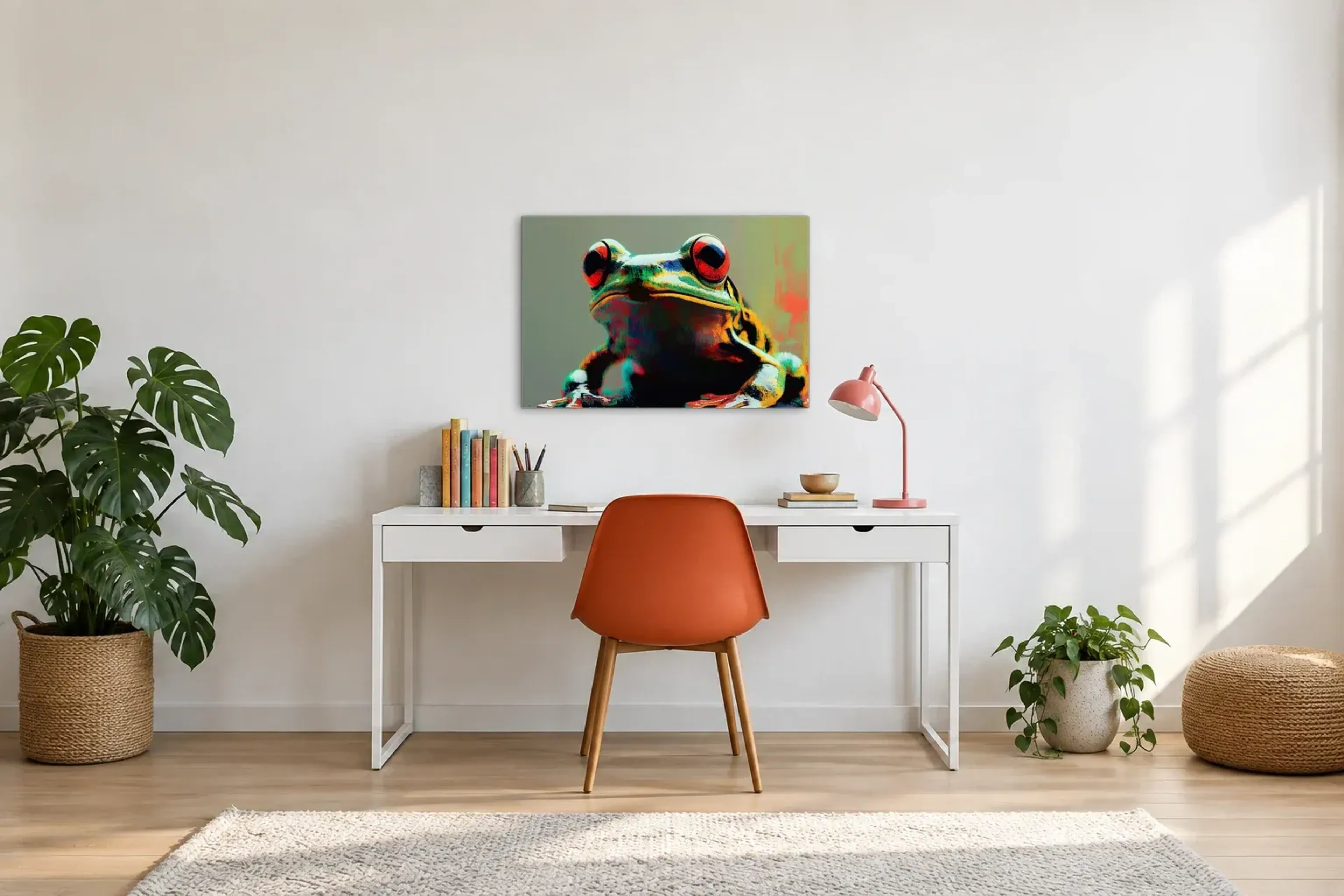 Frosch ganz nah als Wandbild über einem 140-cm-Schreibtisch