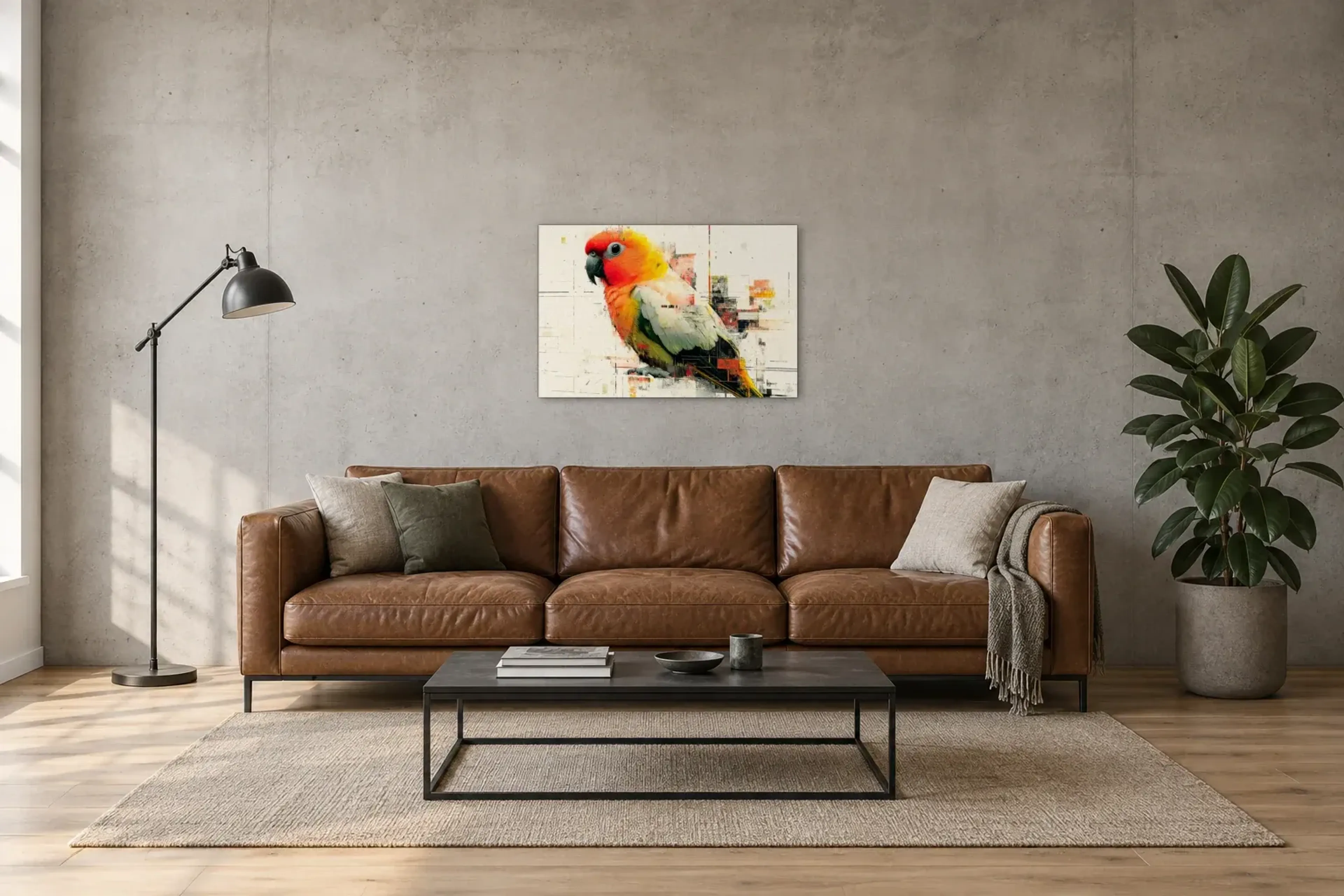 Papagei auf hellem Grund als Wandbild über einem 220-cm-Sofa