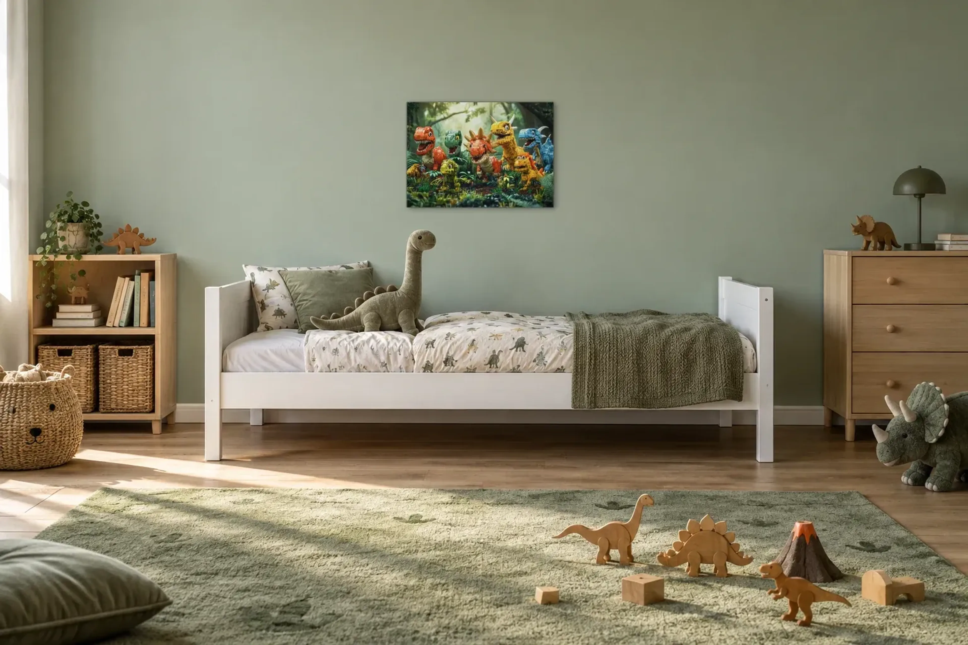 Bausteindinos im Dschungel als Wandbild über einem 200-cm-Kinderbett