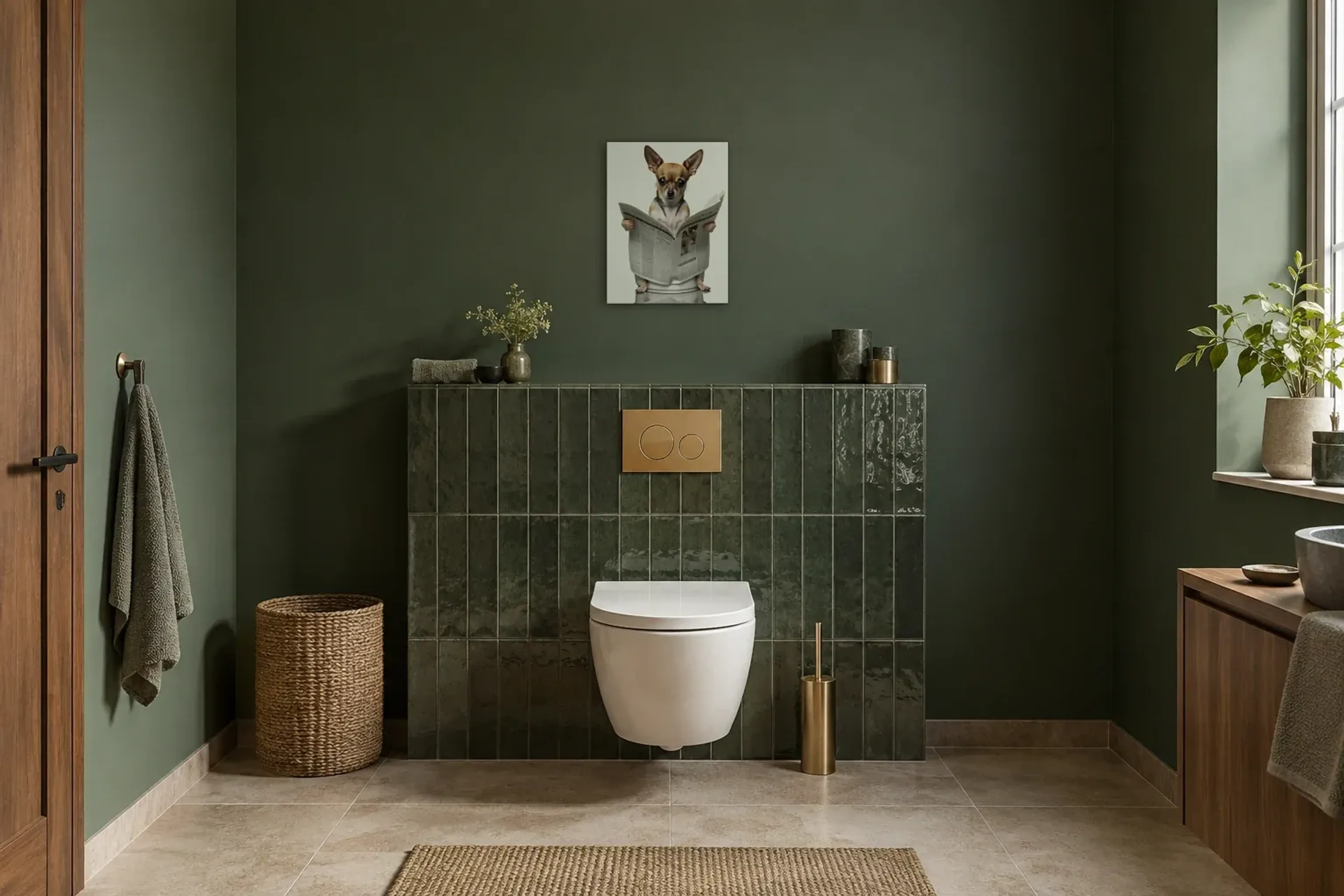 Chihuahua mit Zeitung als Wandbild im Gäste-WC