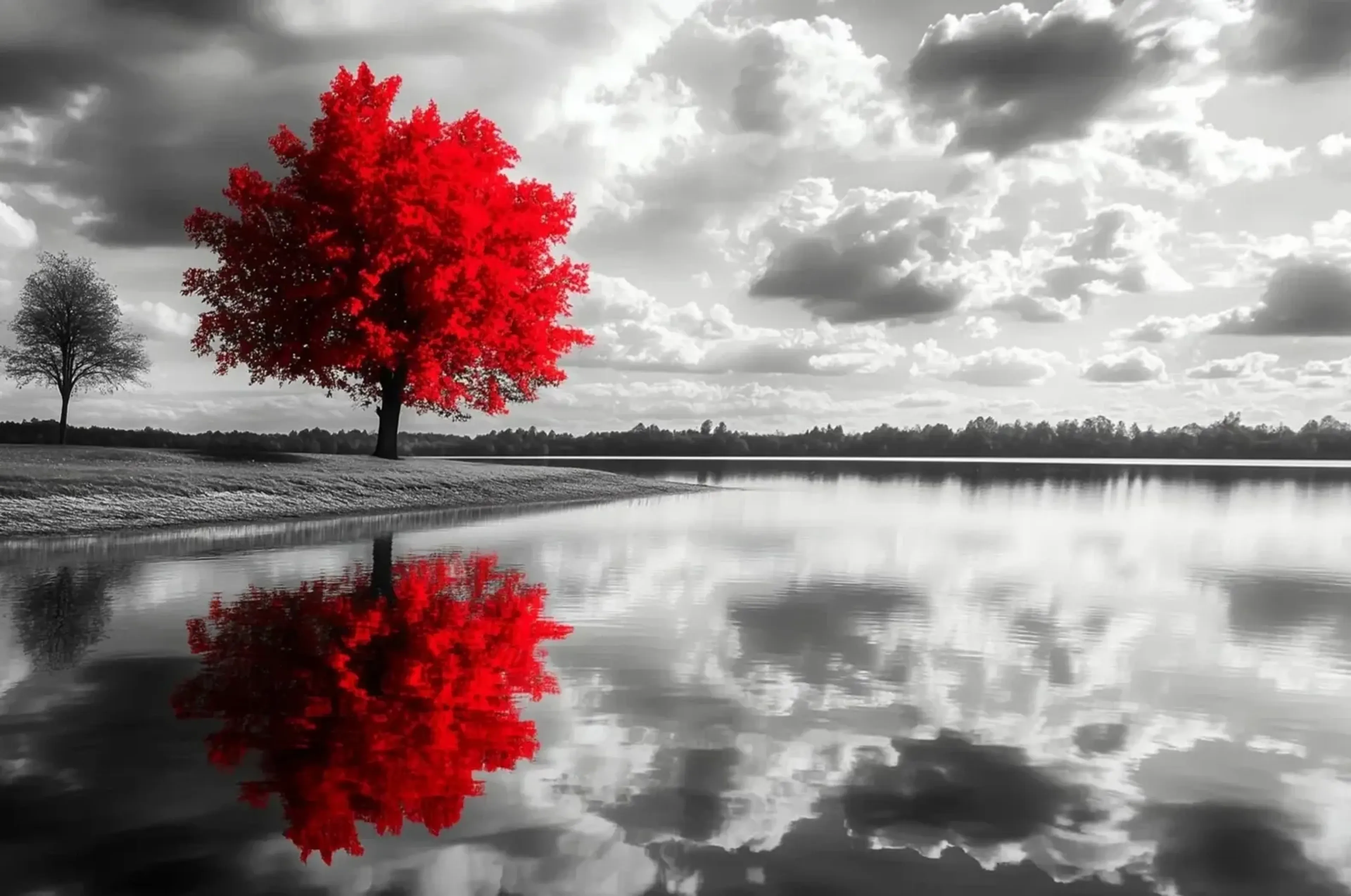 Ein rot belaubter Baum am Ufer spiegelt sich mit den Wolken im Wasser einer sonst grauen Landschaft.