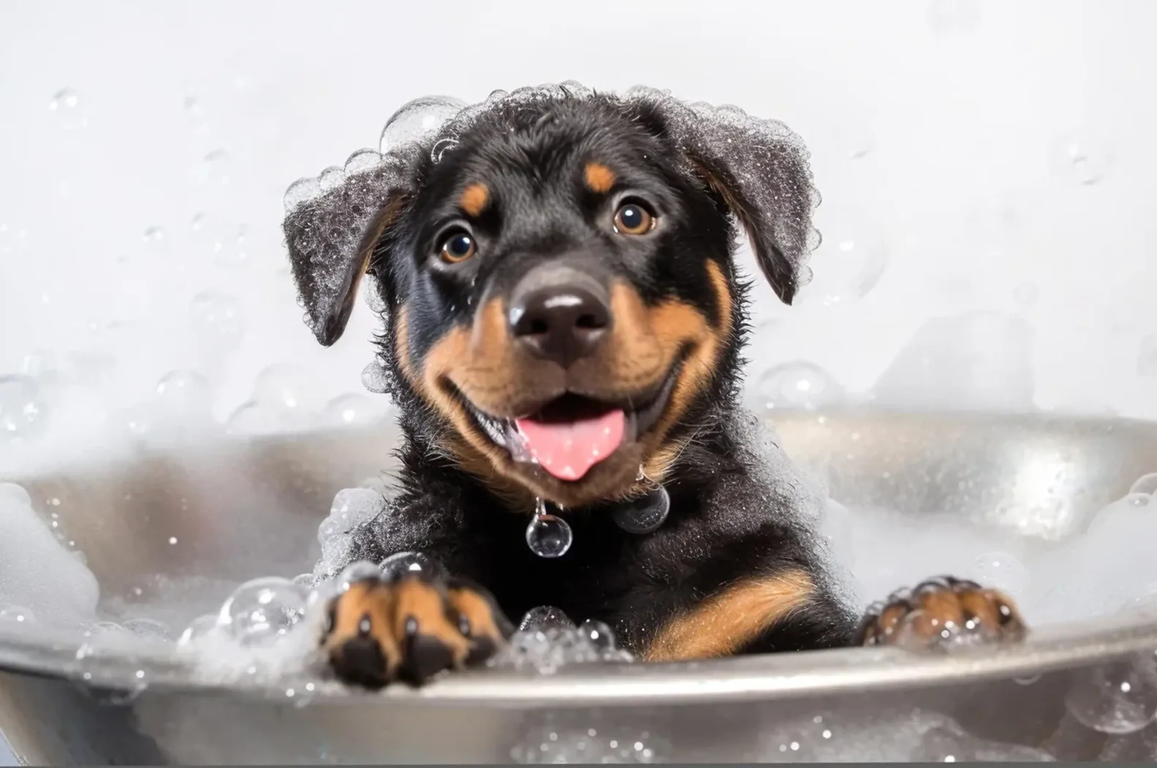 Ein schwarzbrauner Rottweiler mit Schaum auf dem Kopf legt die Pfoten auf einen silbrigen Wannenrand.