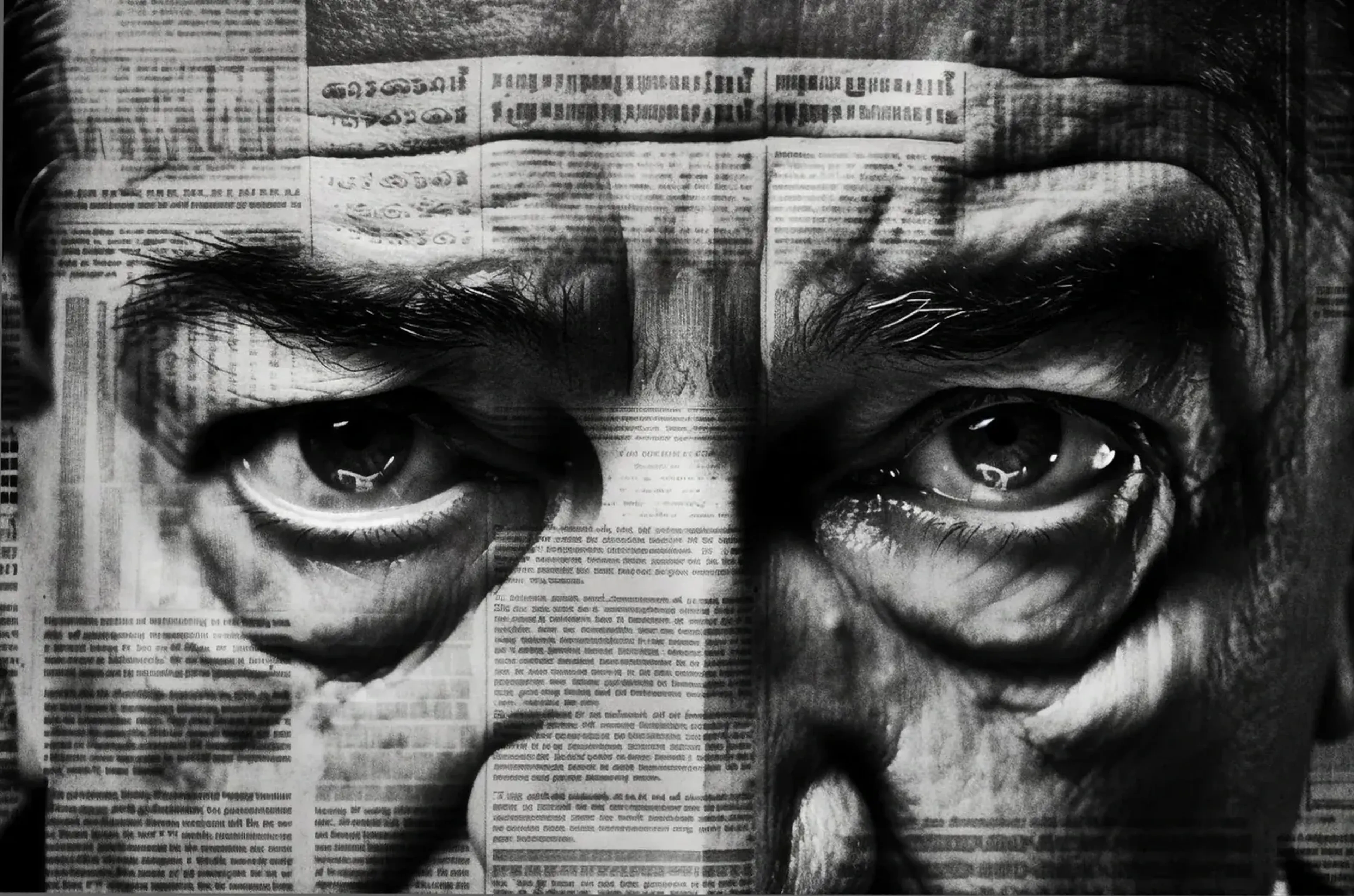 Nahansicht eines Gesichts mit eindringlichen Augen und überlagerten Zeitungsspalten in Schwarz-Weiß.
