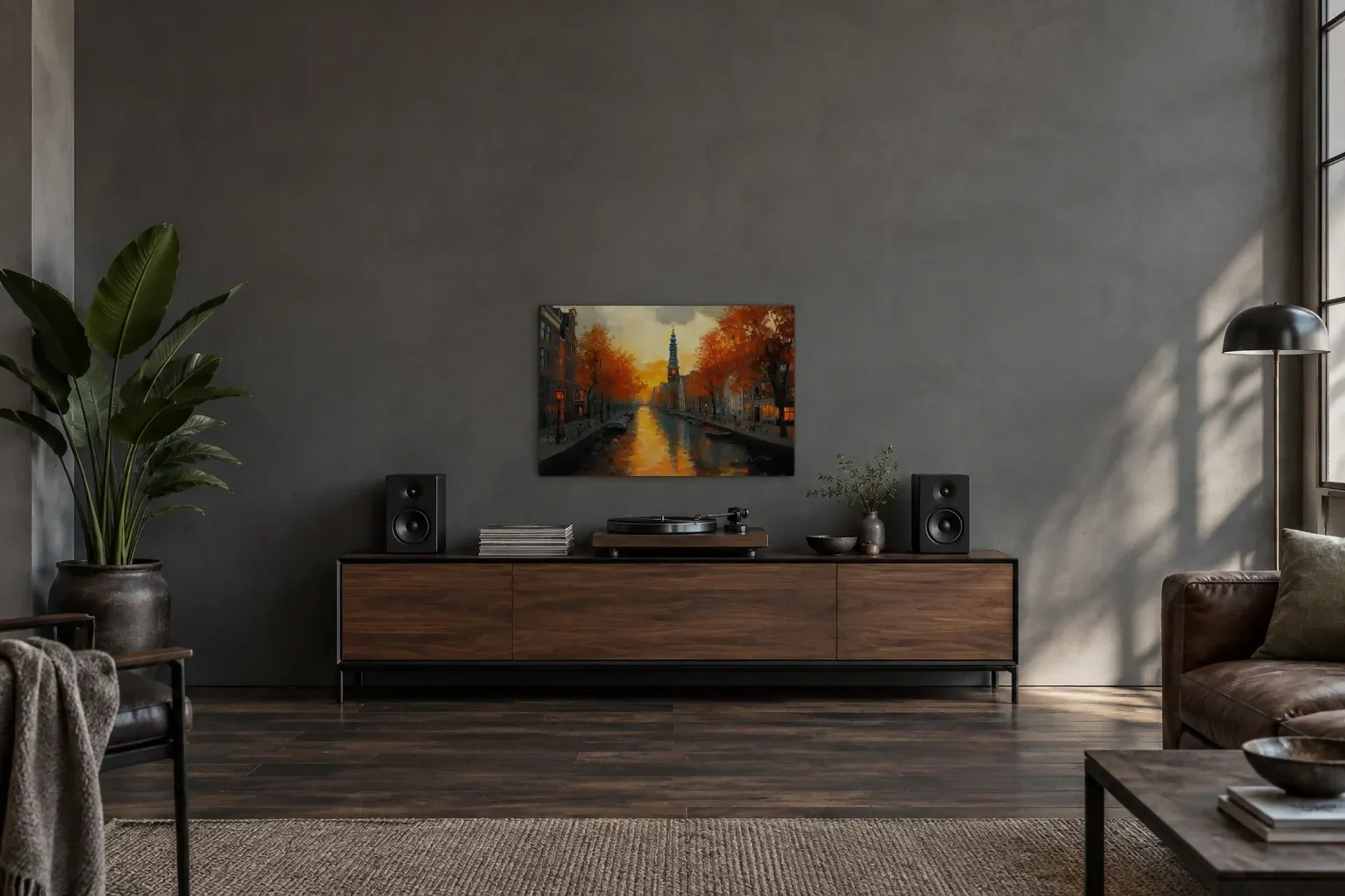 Herbst an Amsterdams Gracht als Wandbild über einem 200-cm-Sideboard