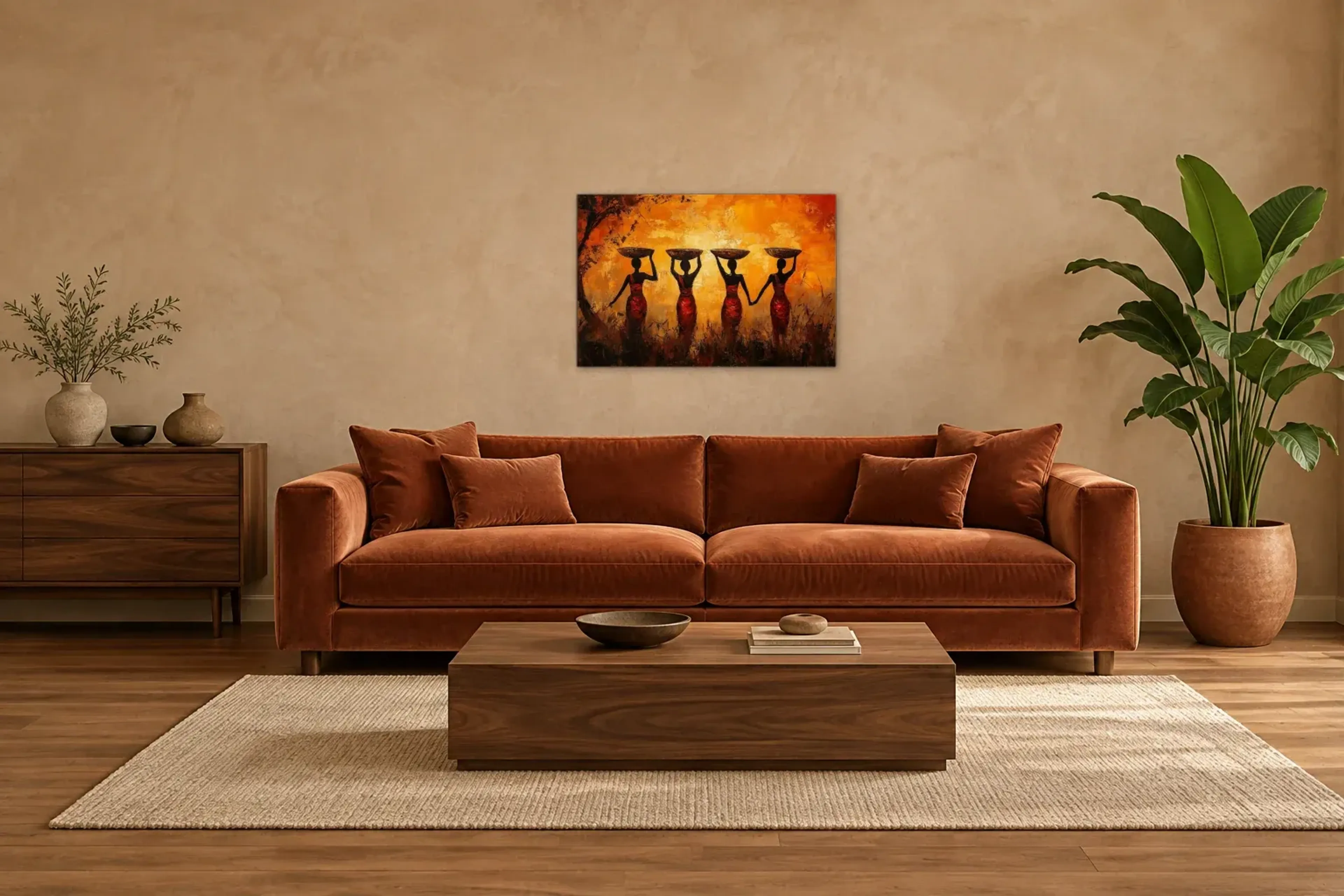 Frauen mit Schalen als Wandbild über einem 220-cm-Sofa