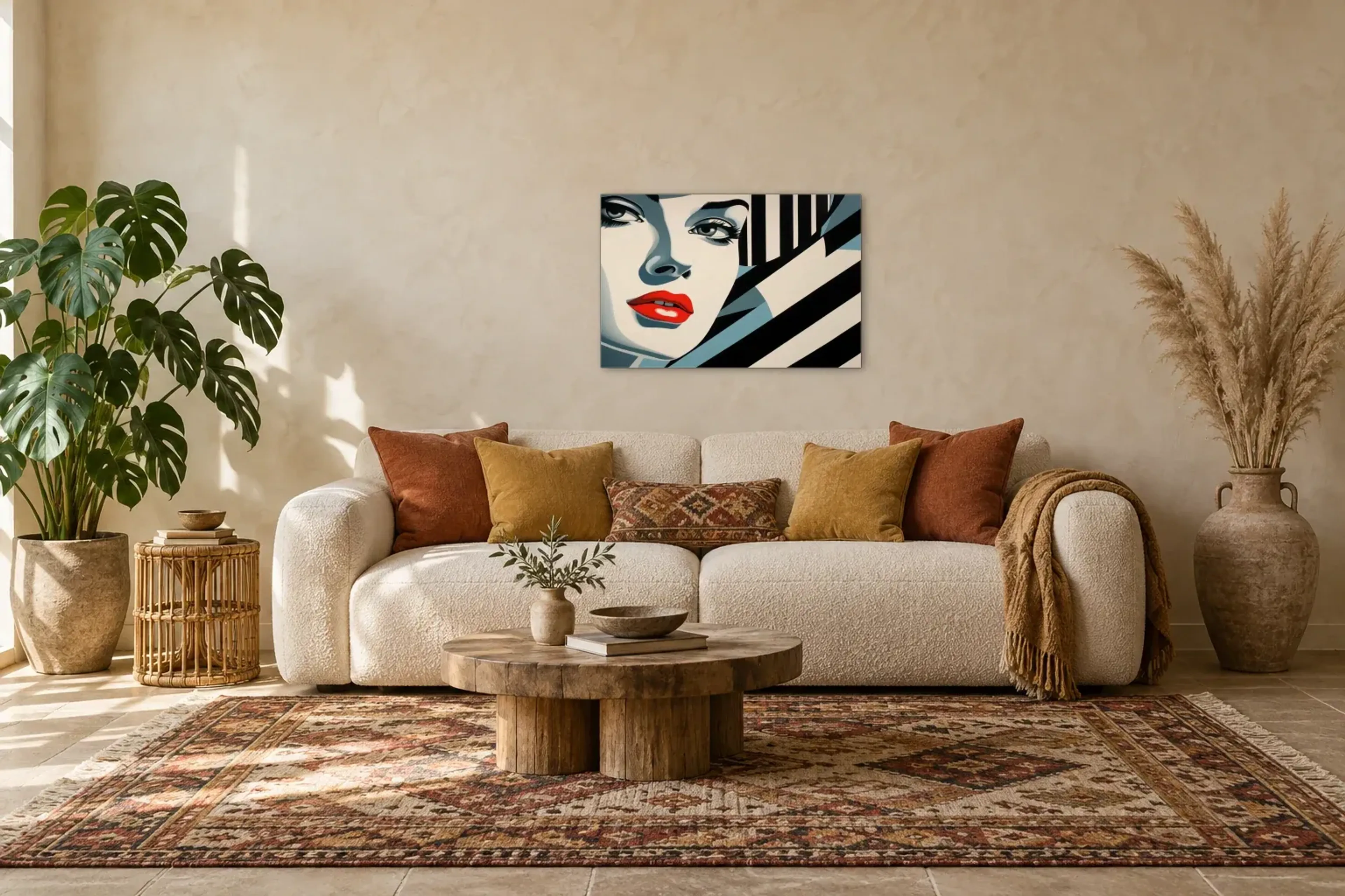 Rote Lippen in Pop-Art als Wandbild über einem 220-cm-Sofa