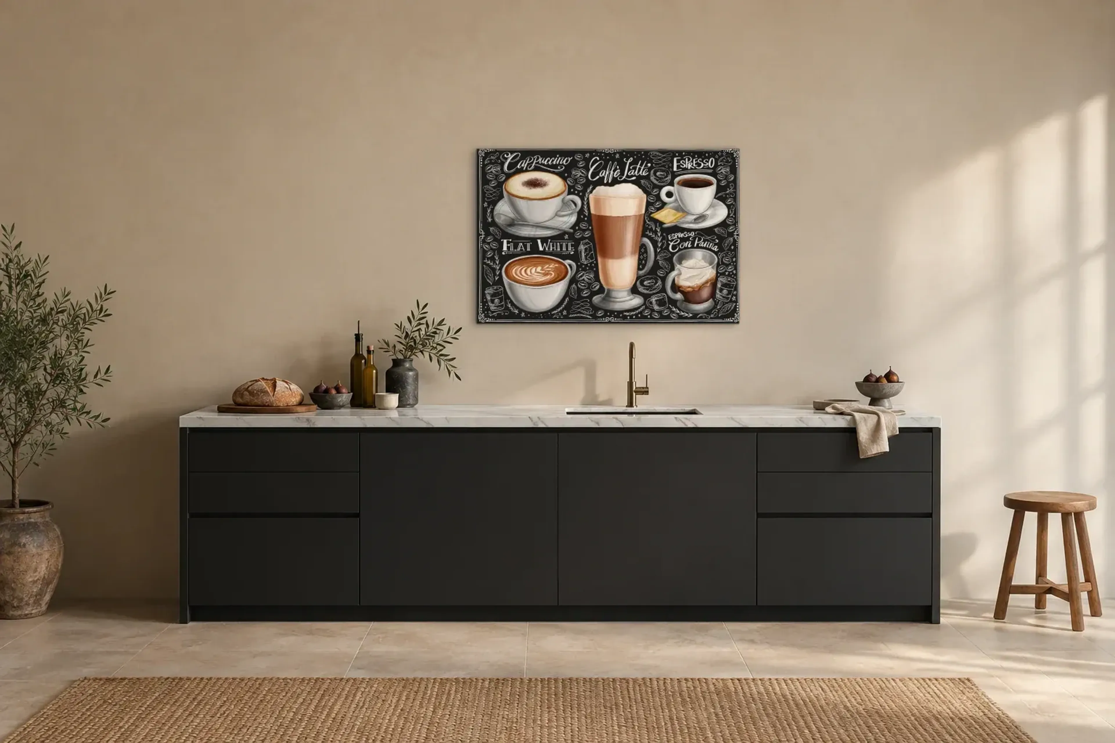 Verschiedene Kaffees als Wandbild über einer 200-cm-Arbeitsplatte