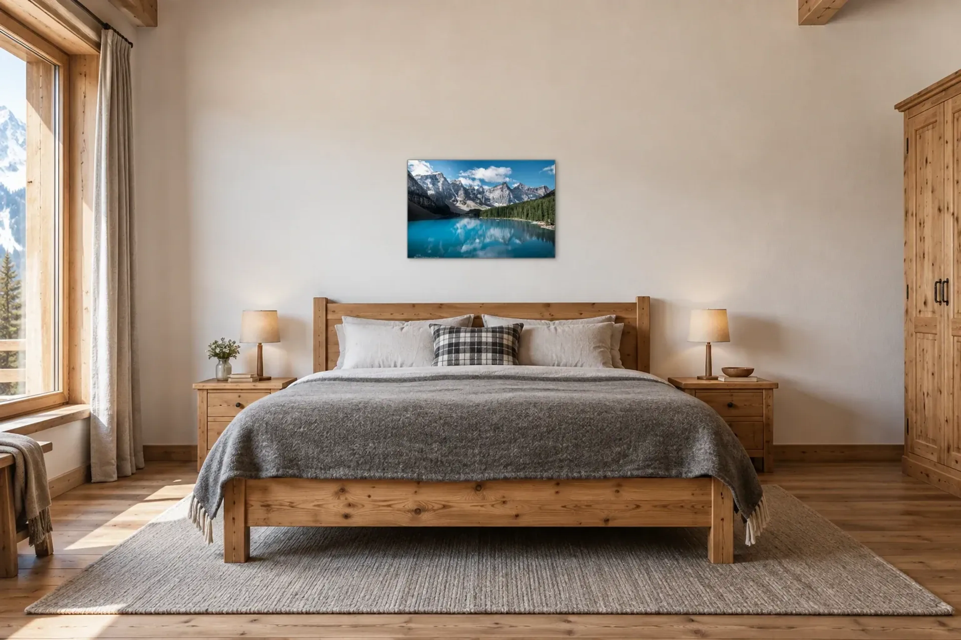 Türkiser See vor Felsgipfeln als Wandbild über einem 180-cm-Bett