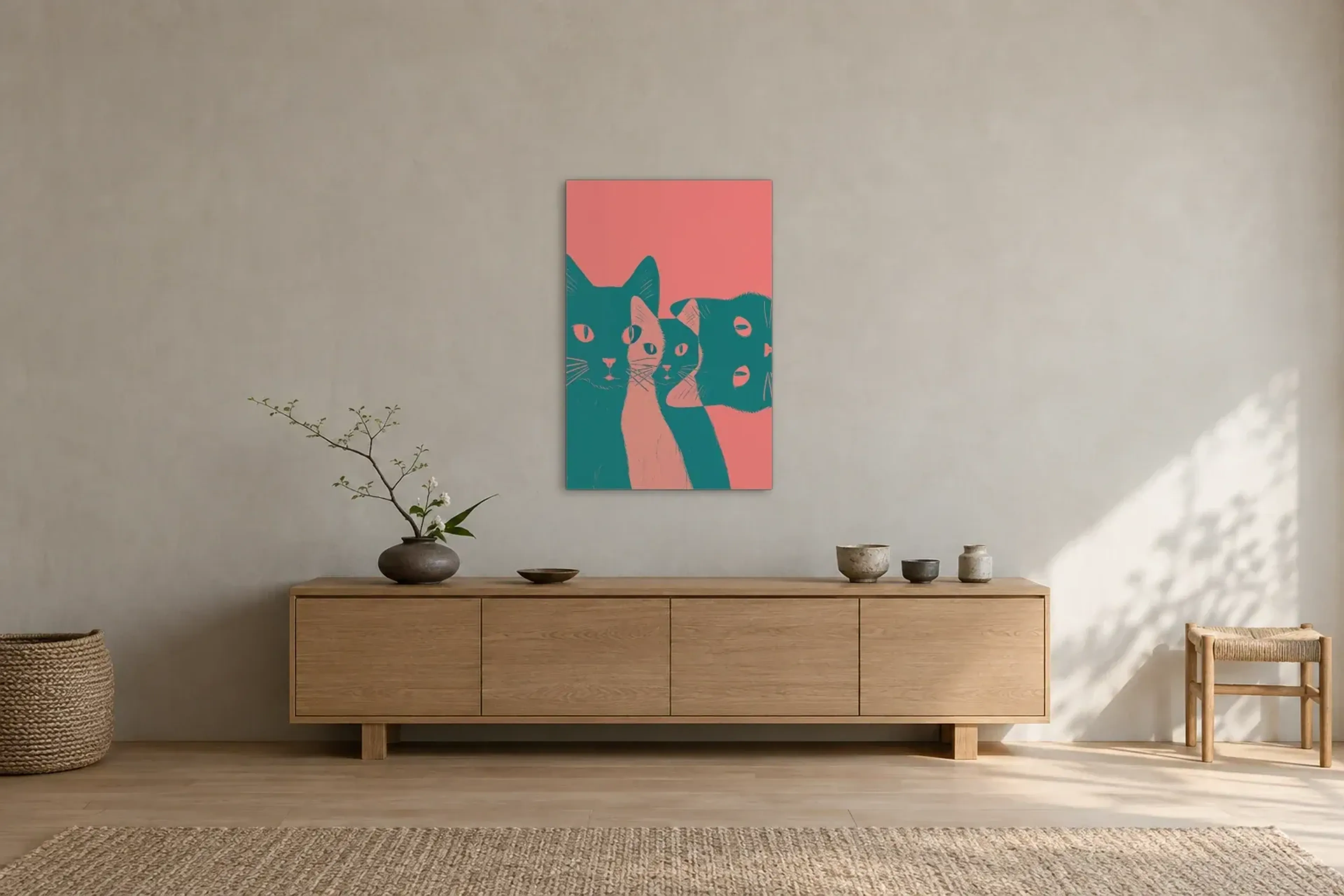 Katzen in Petrol als Wandbild über einem 180-cm-Sideboard