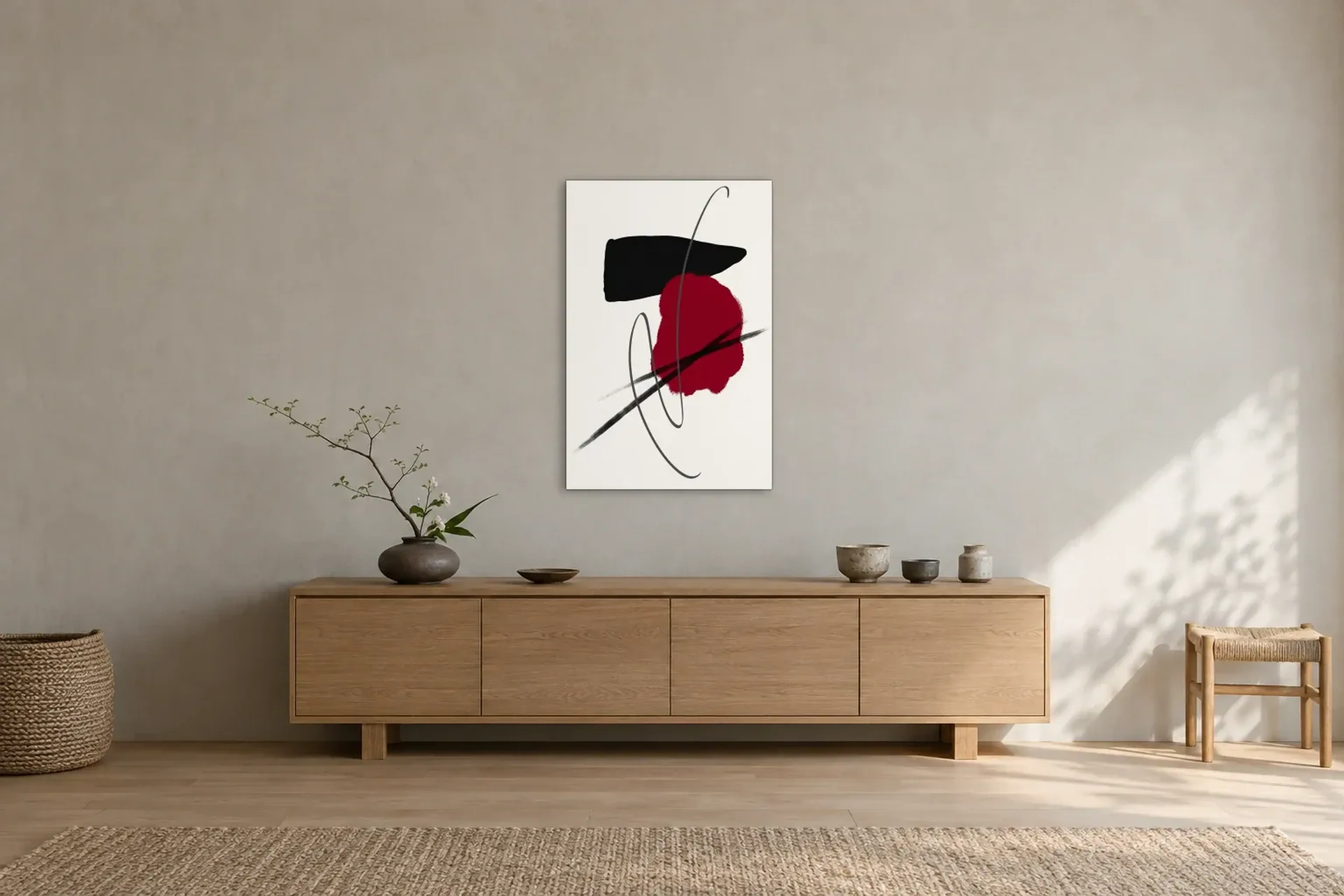 Schwünge um Rot als Wandbild über einem 180-cm-Sideboard