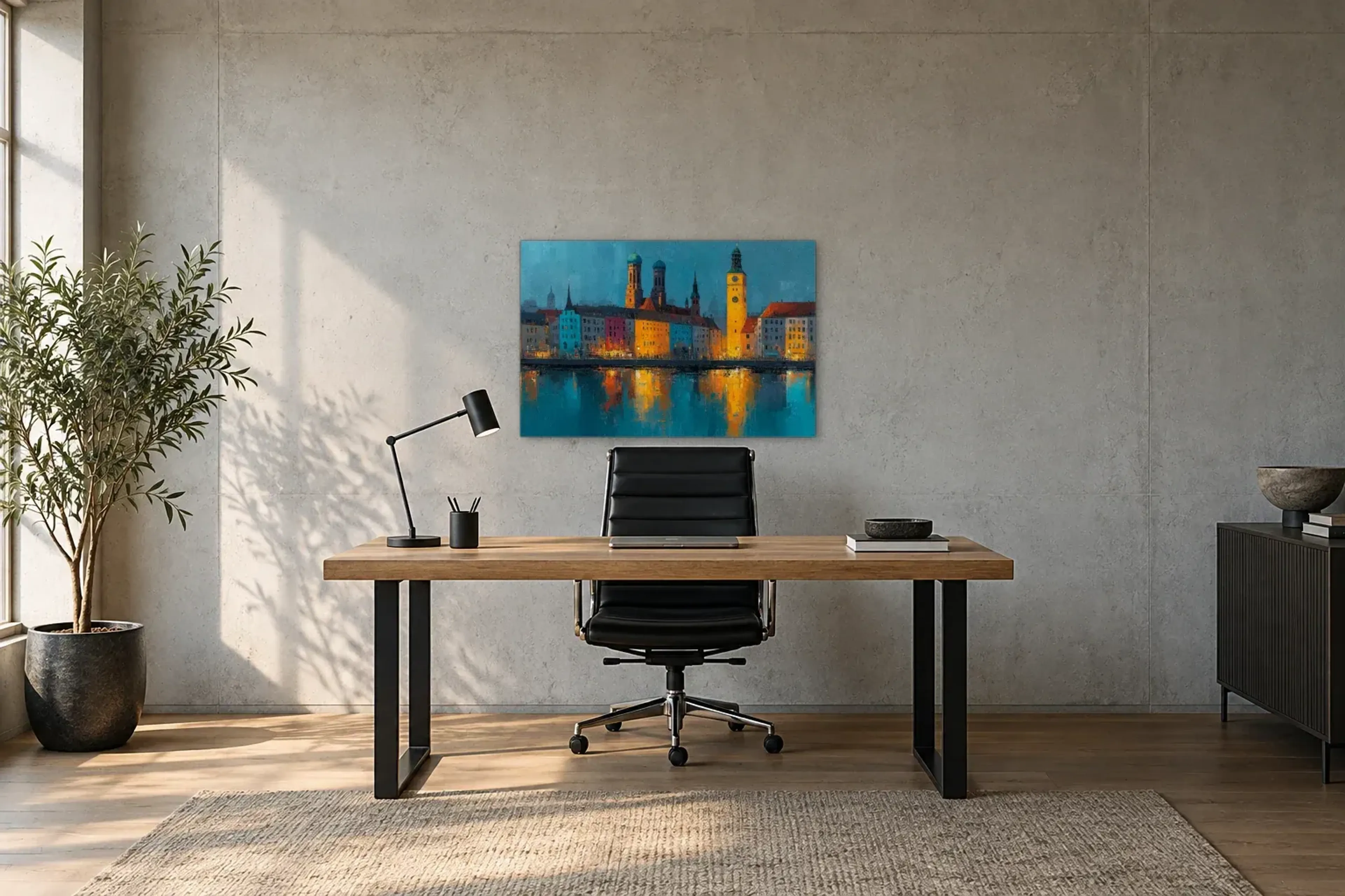 München in goldenen Spiegelungen als Wandbild über einem 160-cm-Schreibtisch