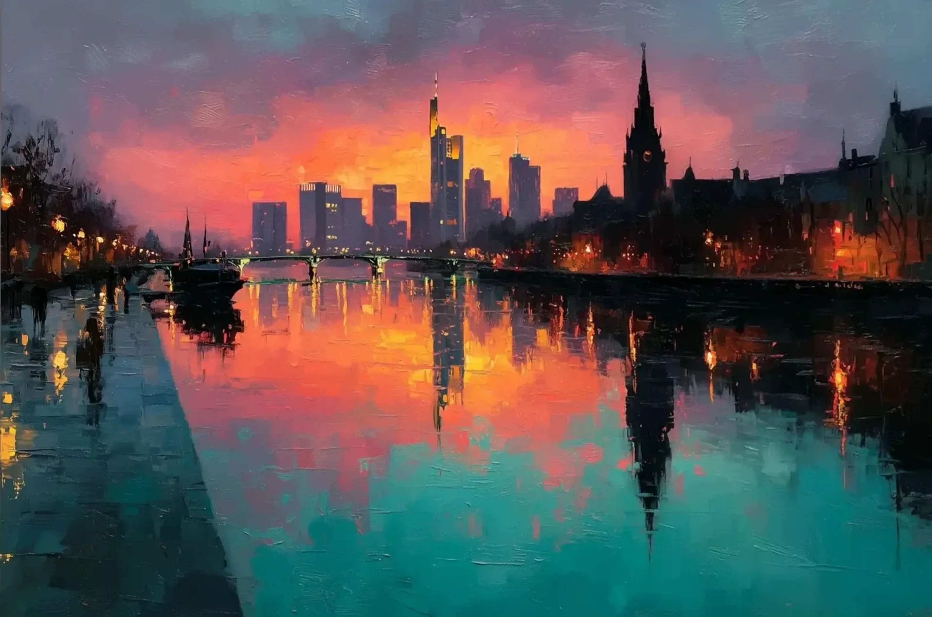 Frankfurter Silhouette vor orange-rosa Abendhimmel mit dunklem Kirchturm, Uferweg und Spiegelungen im türkisfarbenen Fluss.