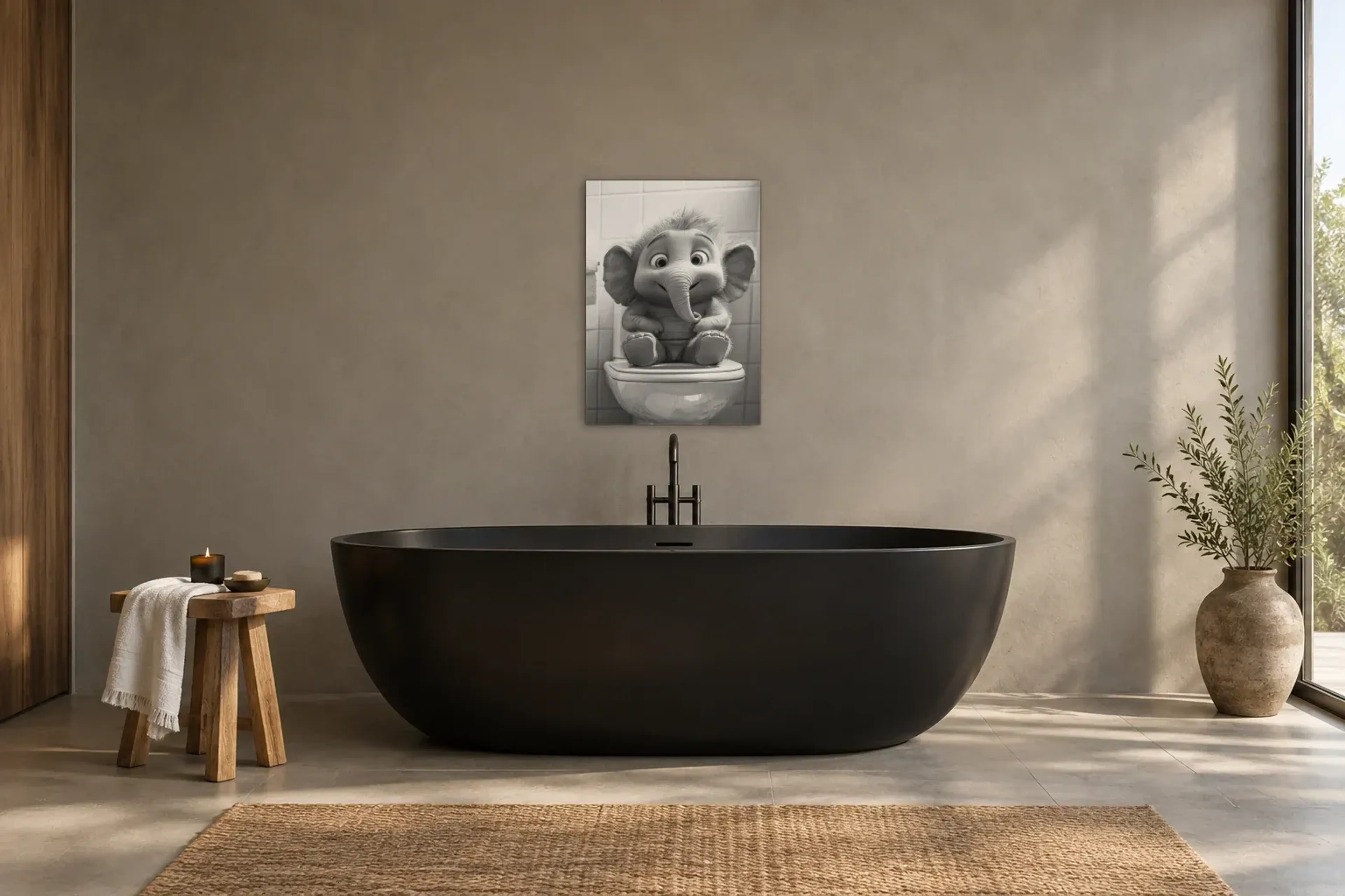 Elefant auf Toilette als Wandbild über einer 170-cm-Badewanne