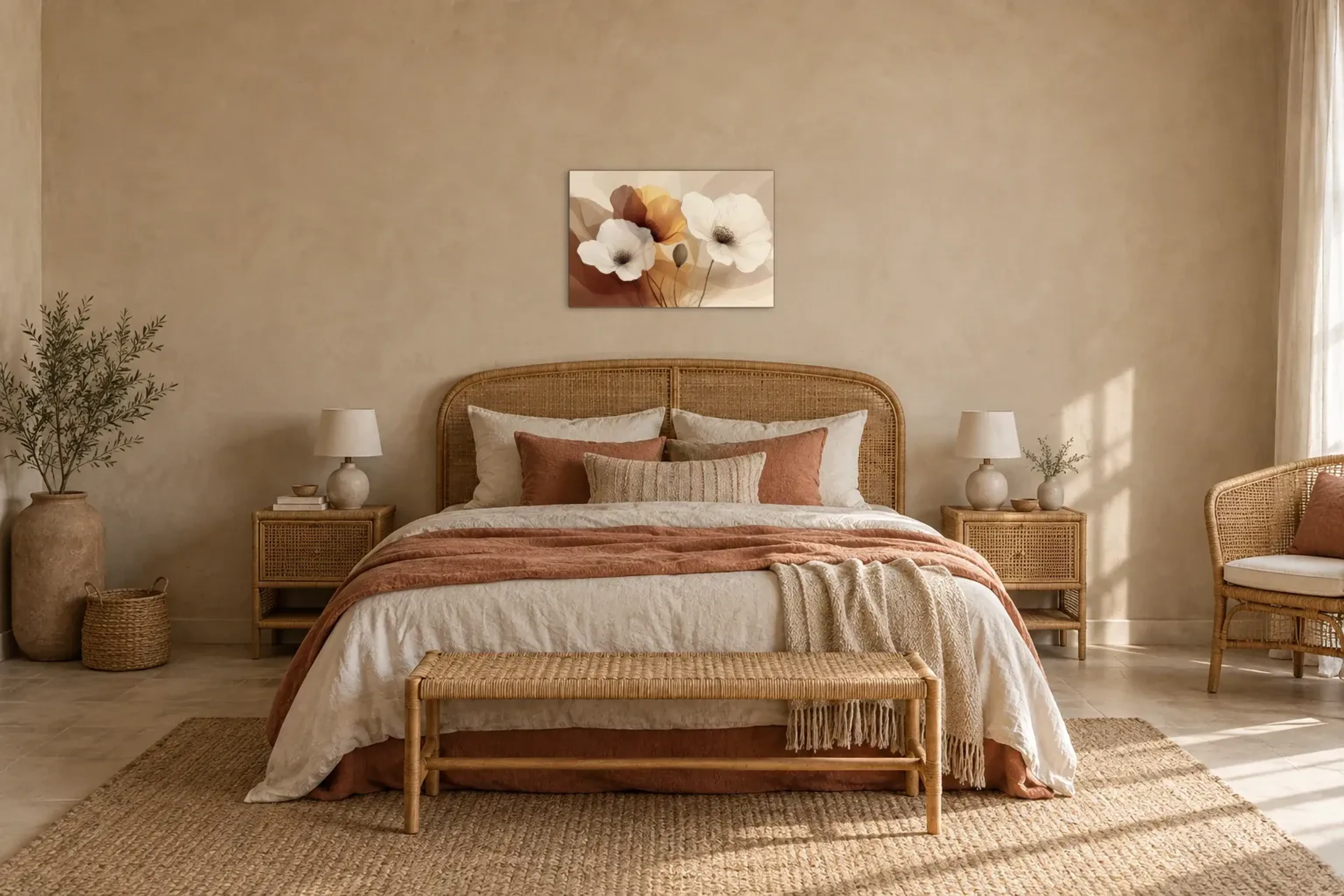 Blüten Braun als Wandbild über einem 180-cm-Bett