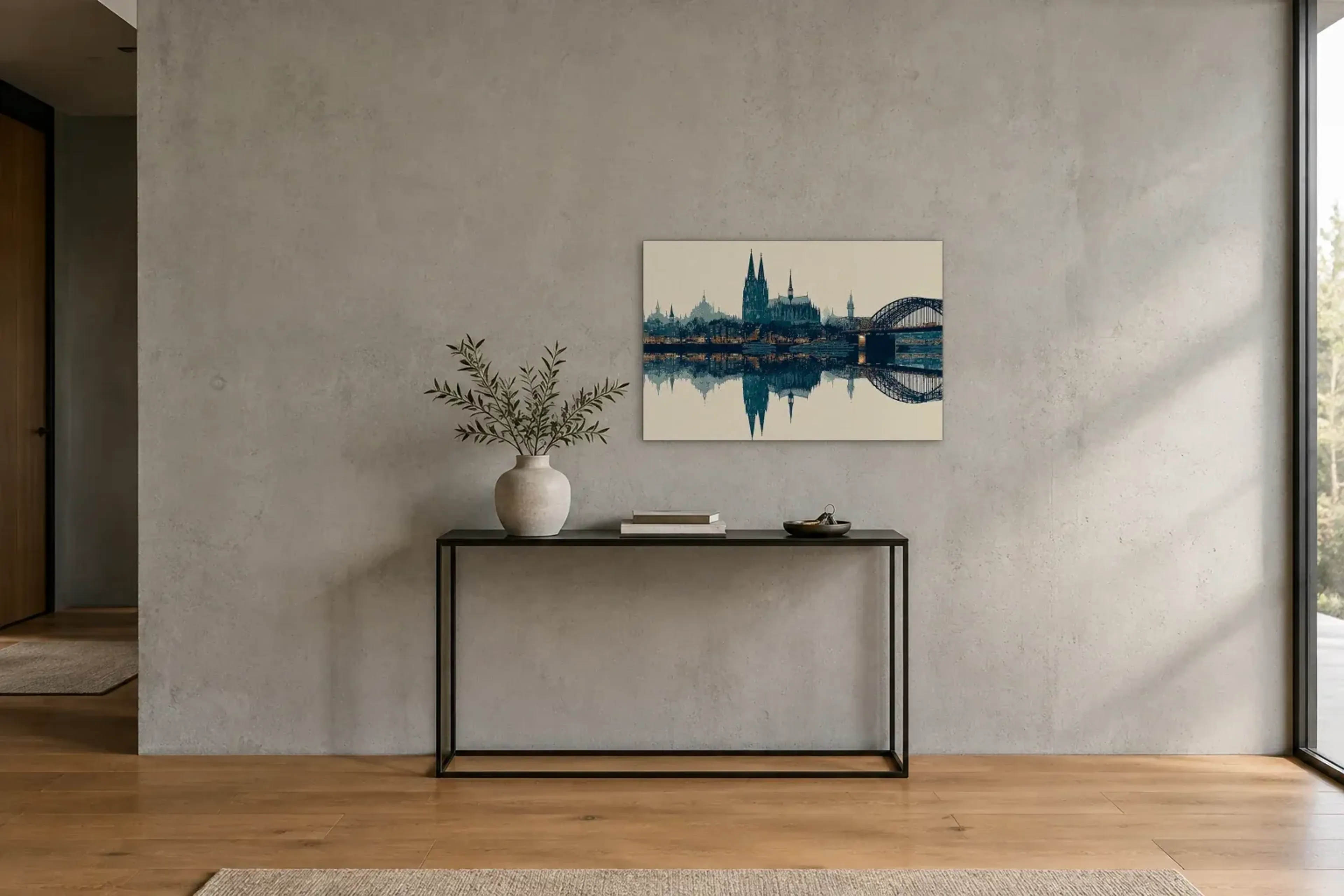 Kölner Dom im Spiegel als Wandbild über einer 120-cm-Konsole