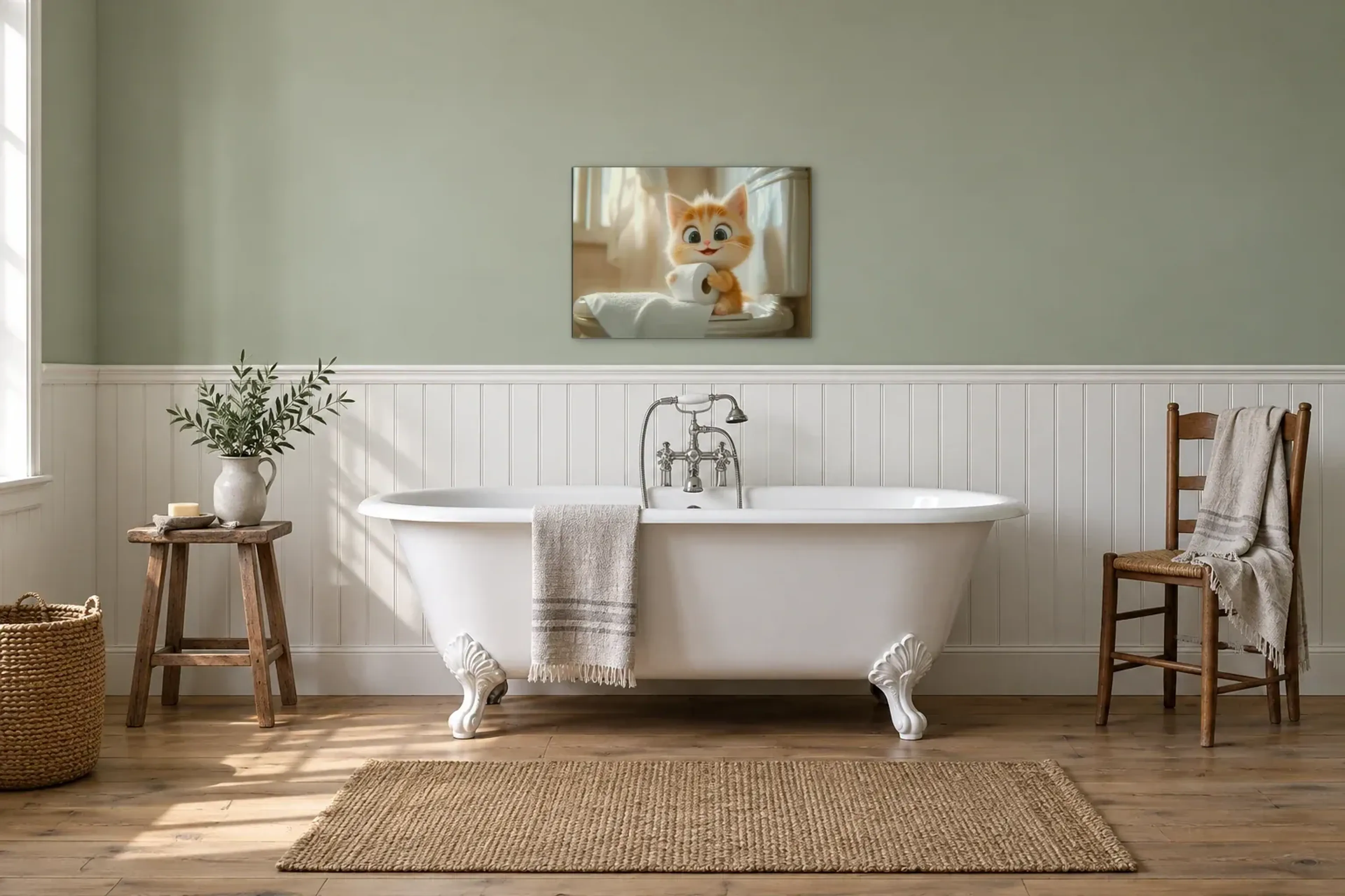 Kätzchen beim Papierabrollen als Wandbild über einer 170-cm-Badewanne