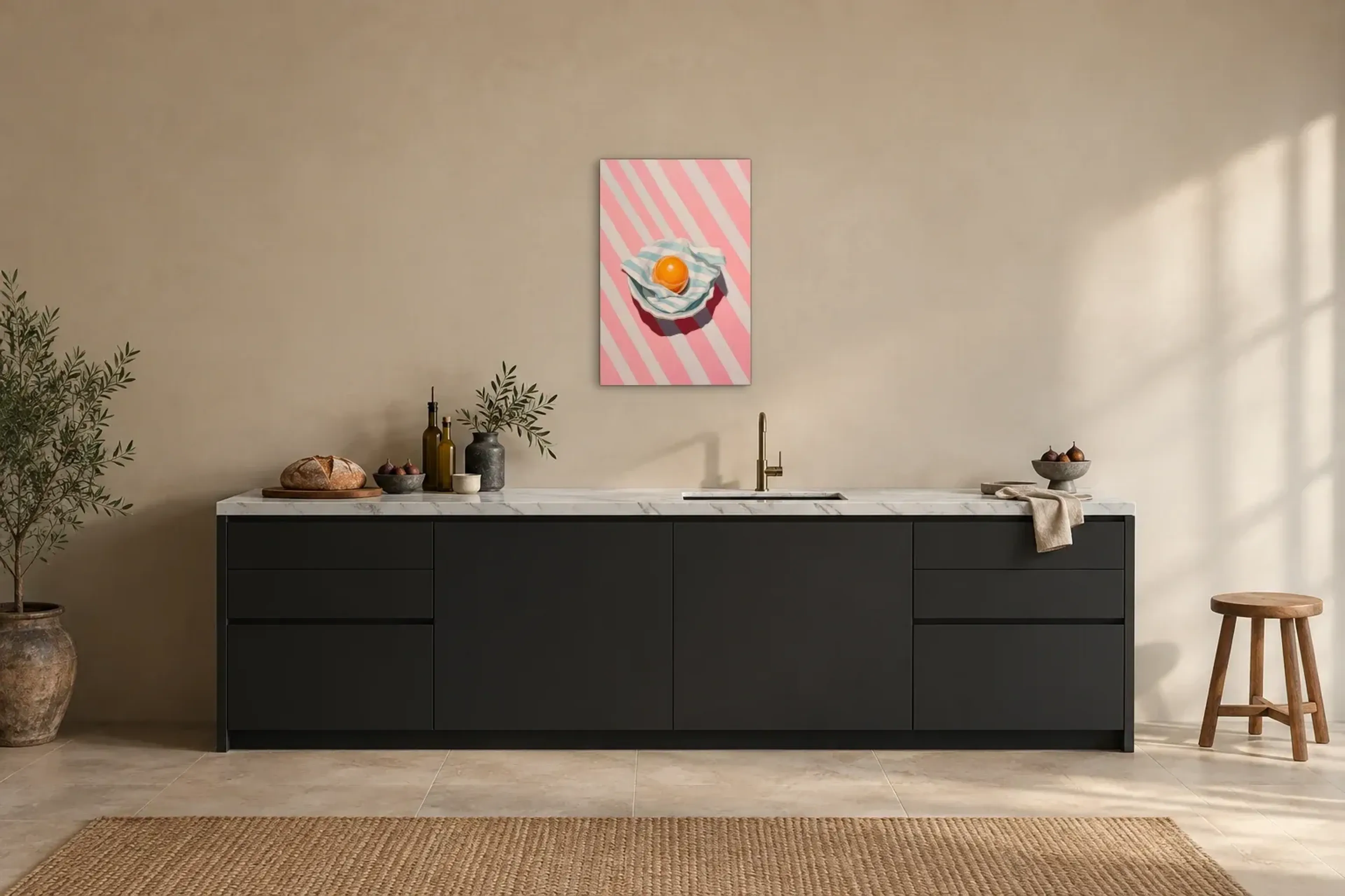 Eigelb auf Streifen als Wandbild über einer 200-cm-Arbeitsplatte