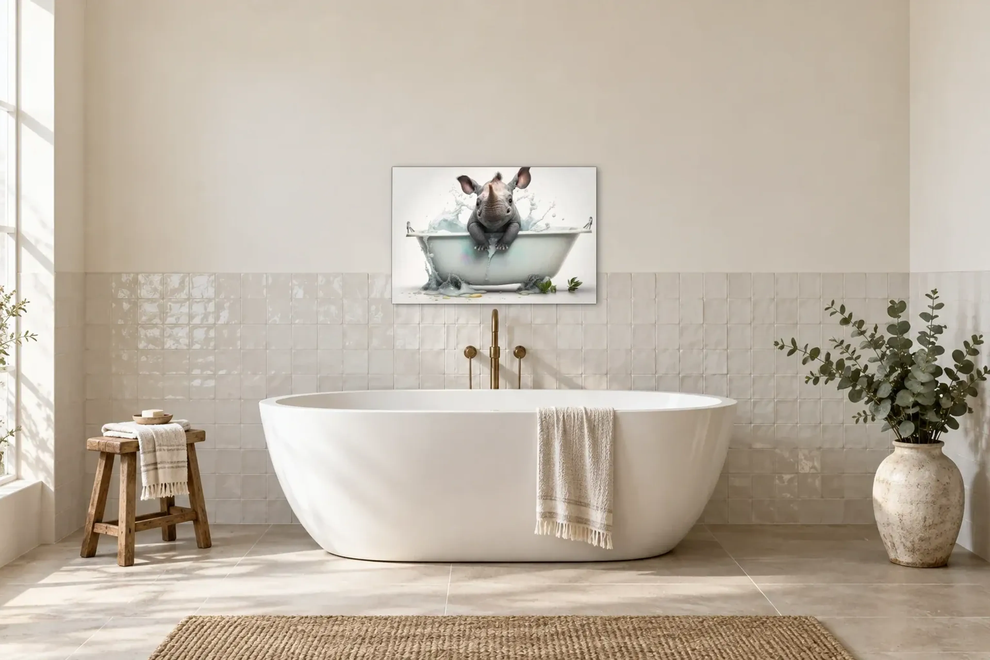 Nashorn beim Planschen als Wandbild über einer 170-cm-Badewanne