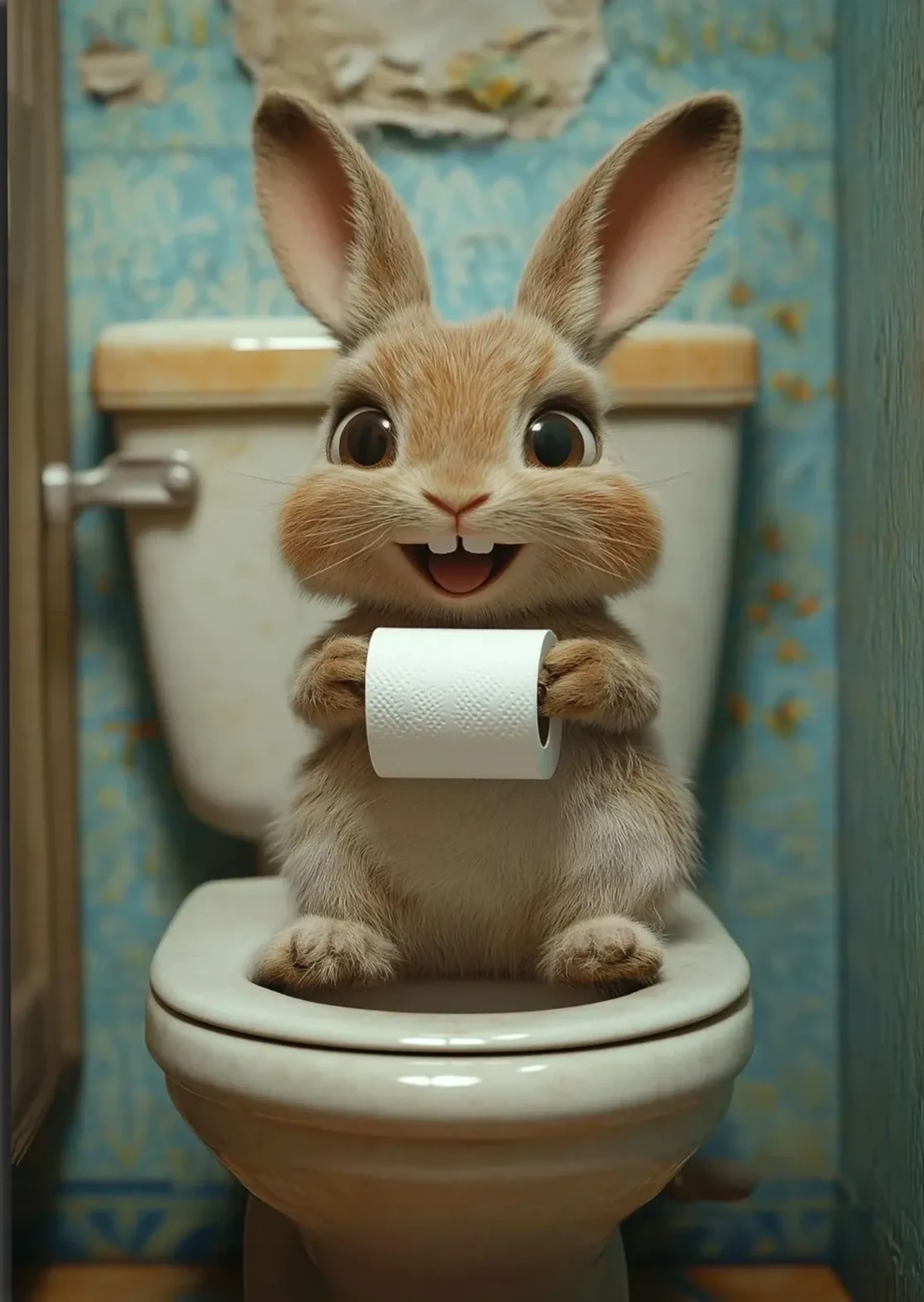 Lächelnder brauner Hase mit Klopapierrolle auf einer cremefarbenen Toilette vor einer verwitterten türkisen Wand.