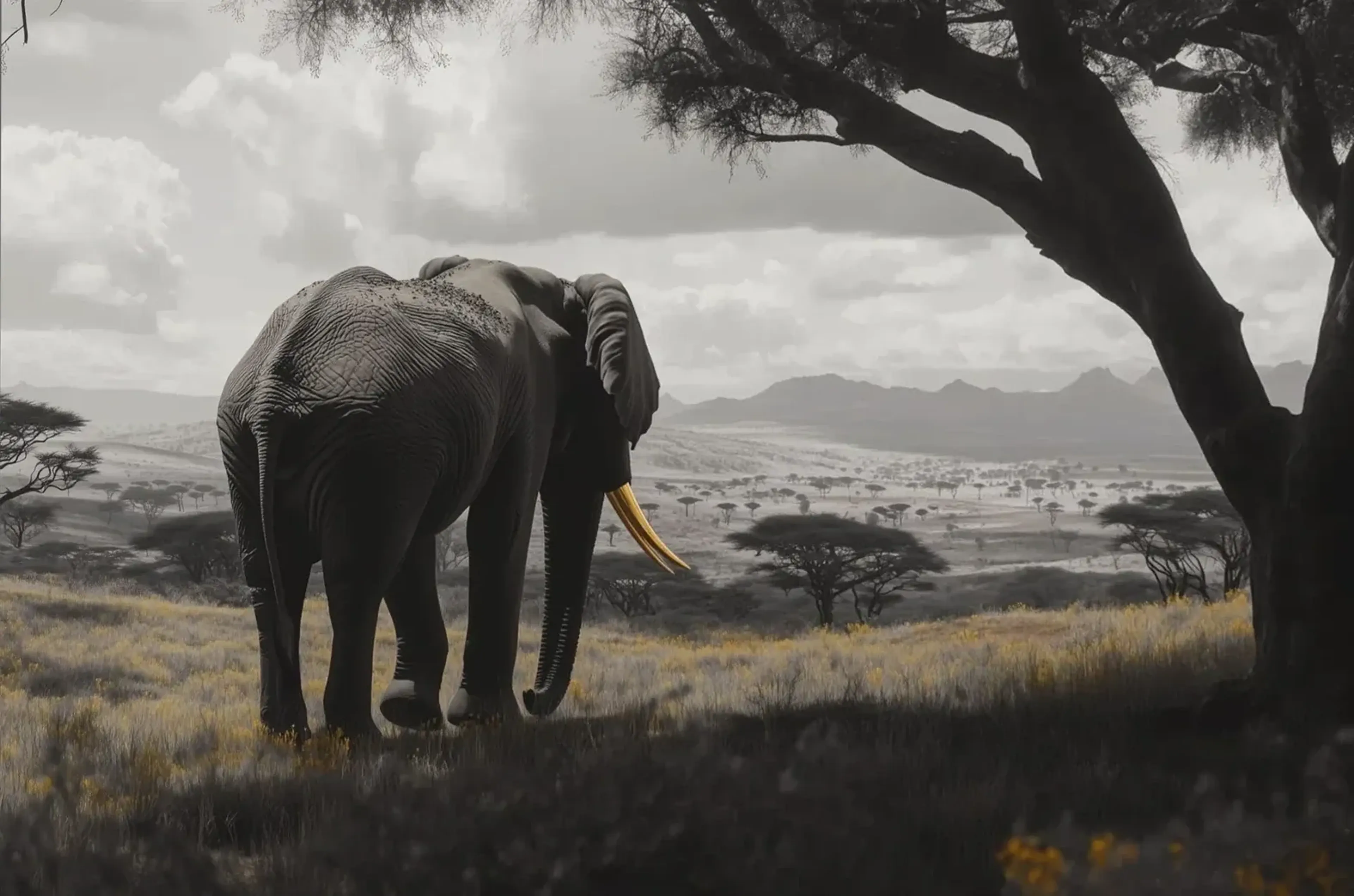 Elefant unter weitem Himmel – Motiv als Wandbild auf Holz