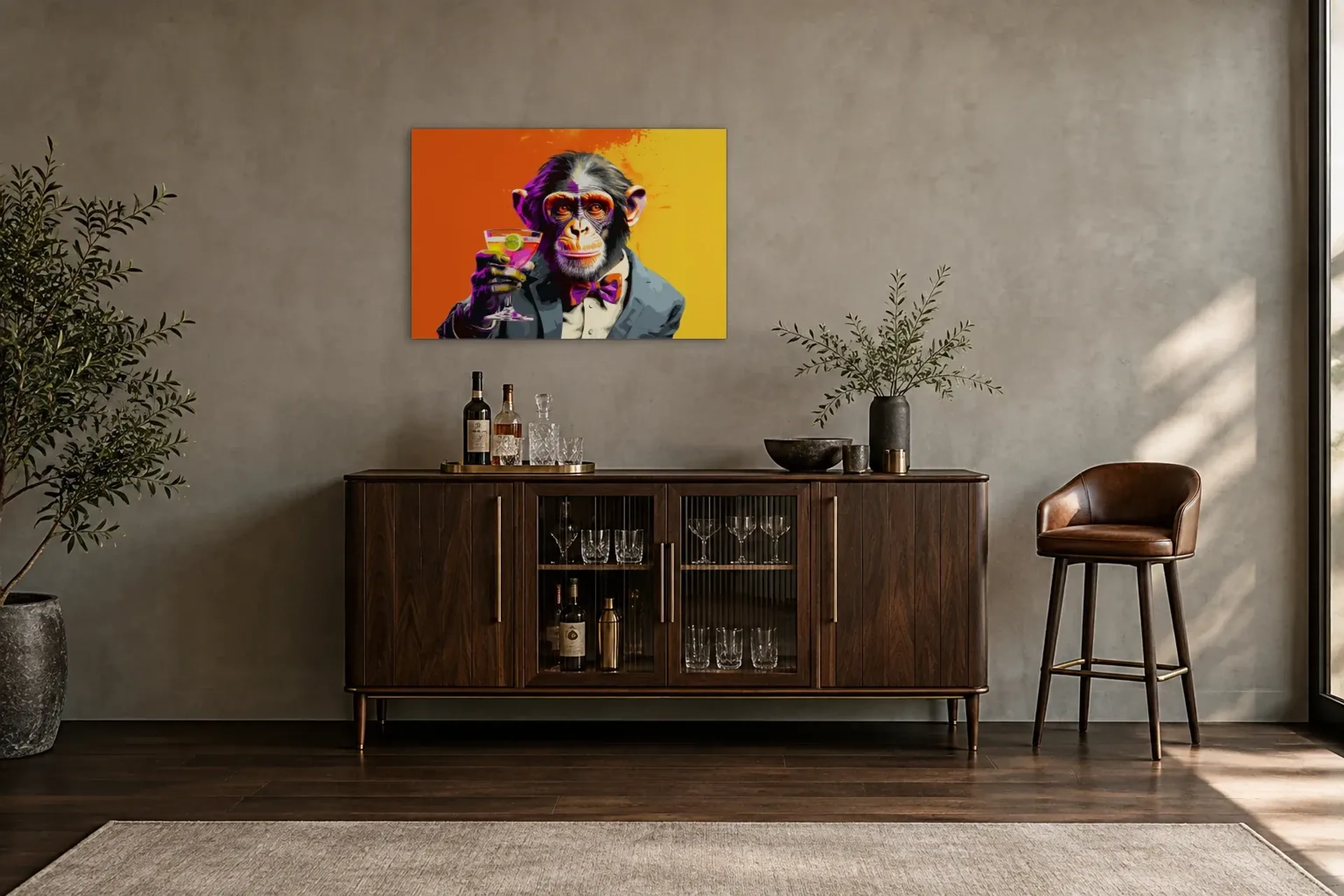 Schimpanse mit Cocktail als Wandbild über einem 150-cm-Barschrank