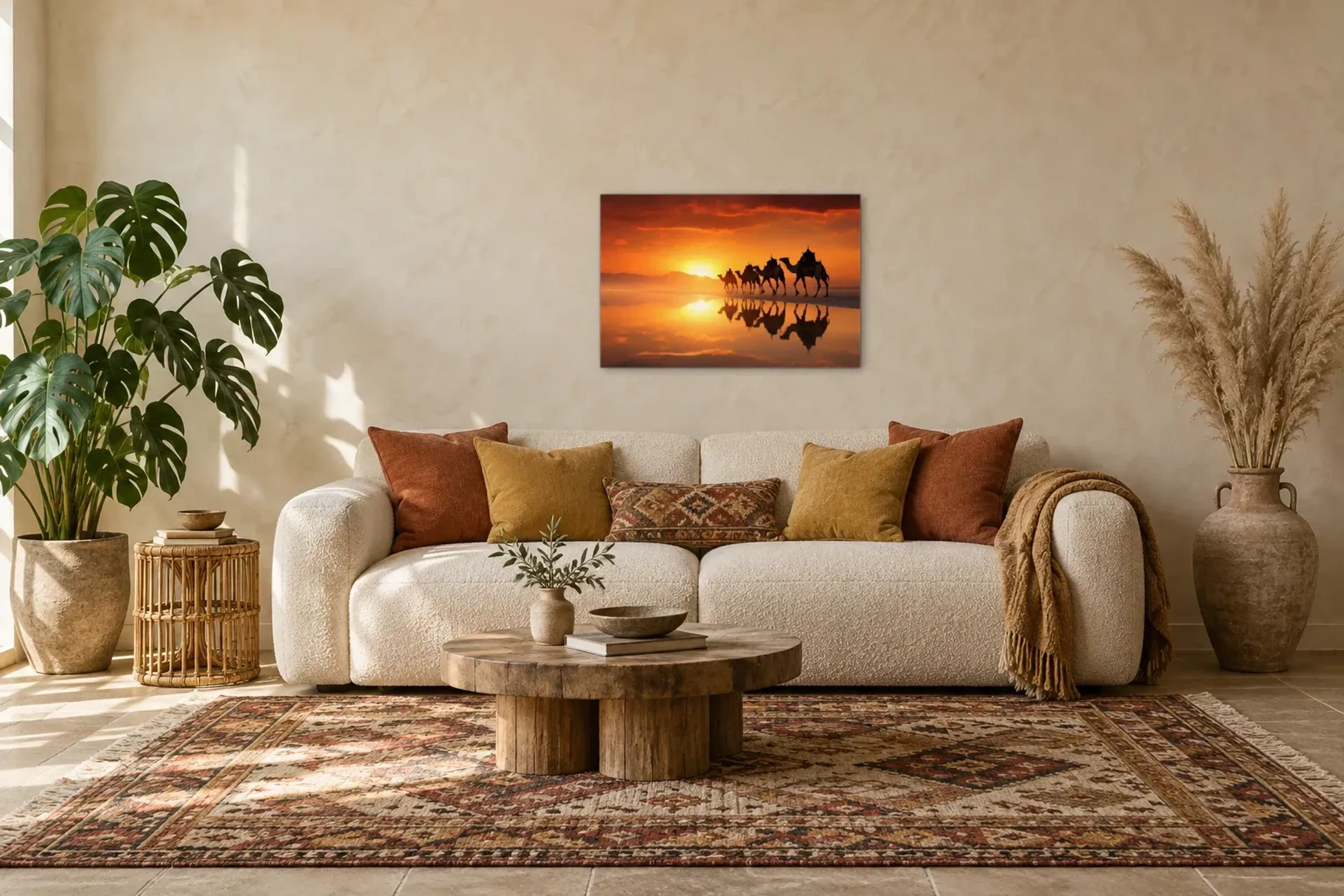 Kamele im Abendlicht als Wandbild über einem 220-cm-Sofa