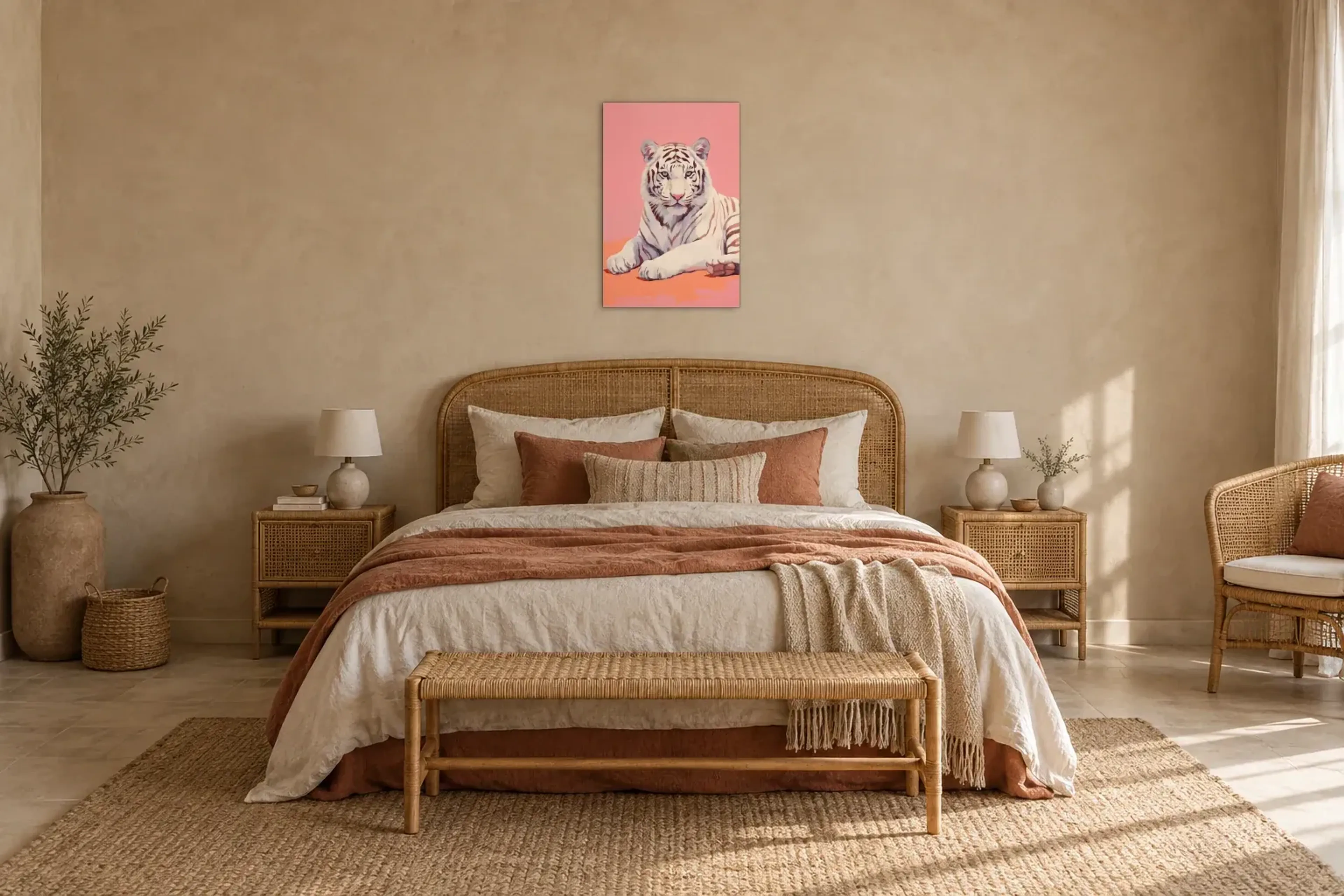 Weißer Tiger Pop Art als Wandbild über einem 180-cm-Bett