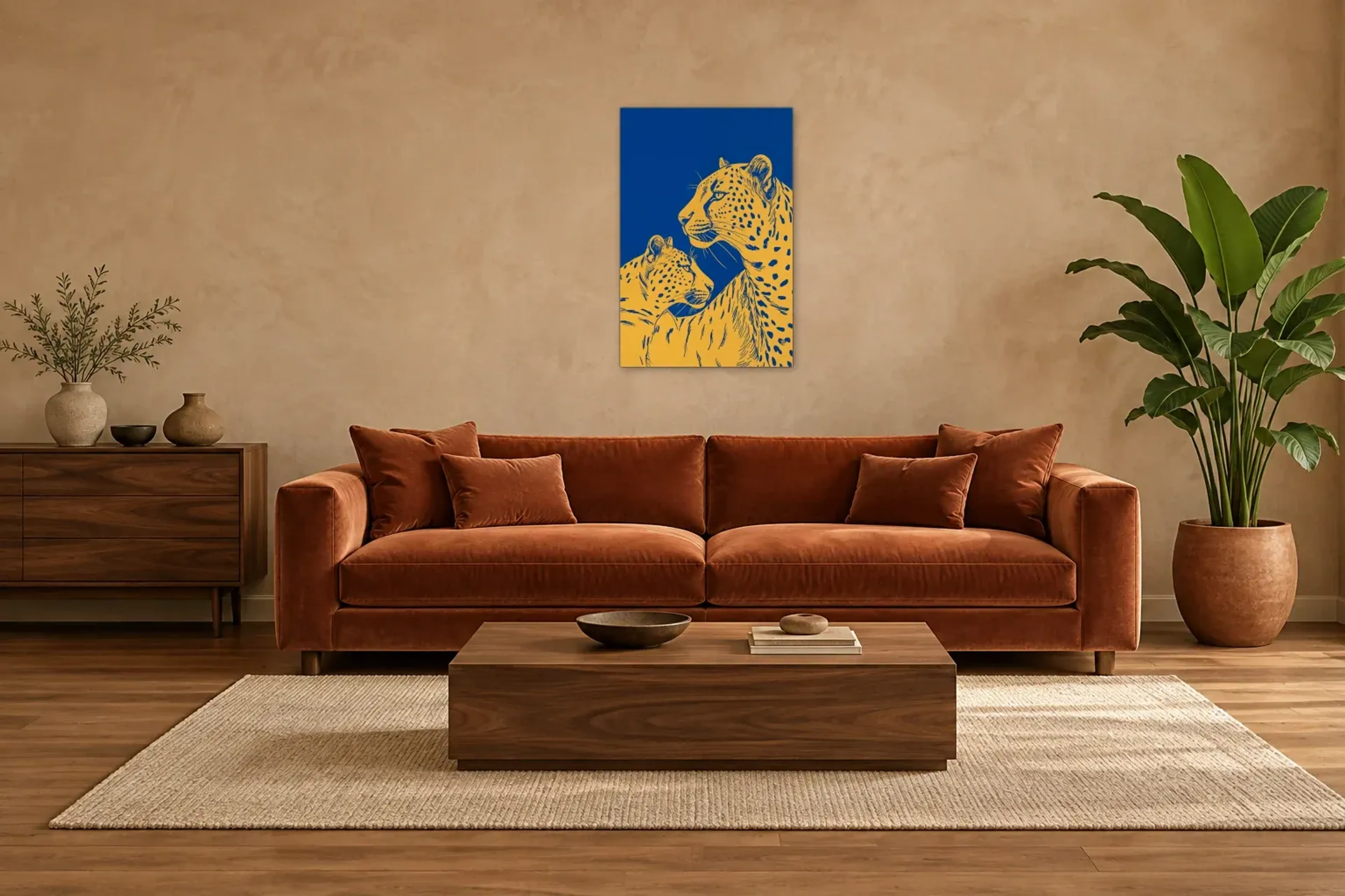 Geparden auf Blau als Wandbild über einem 220-cm-Sofa