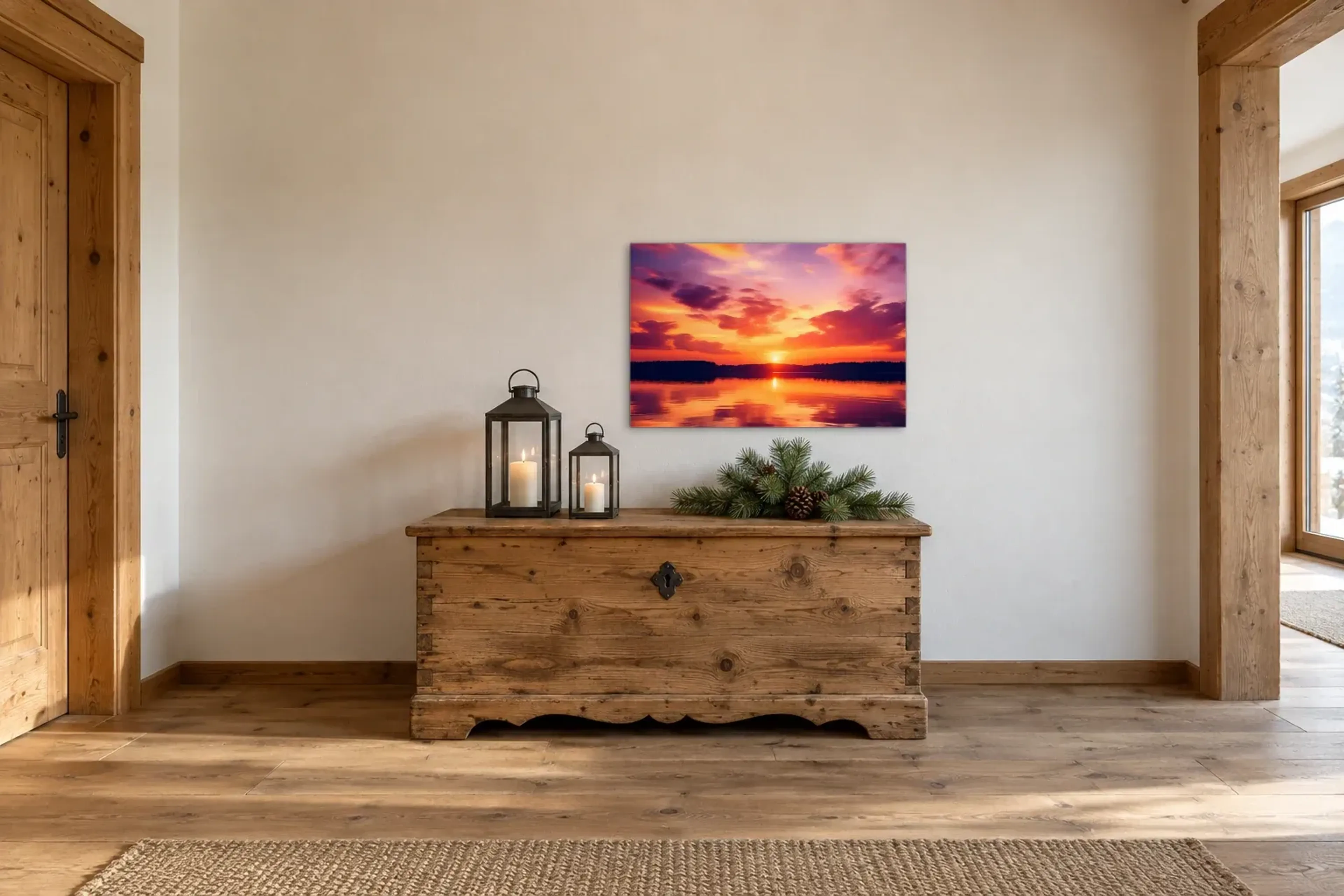 Sonnenuntergang am See als Wandbild über einer 140-cm-Truhe