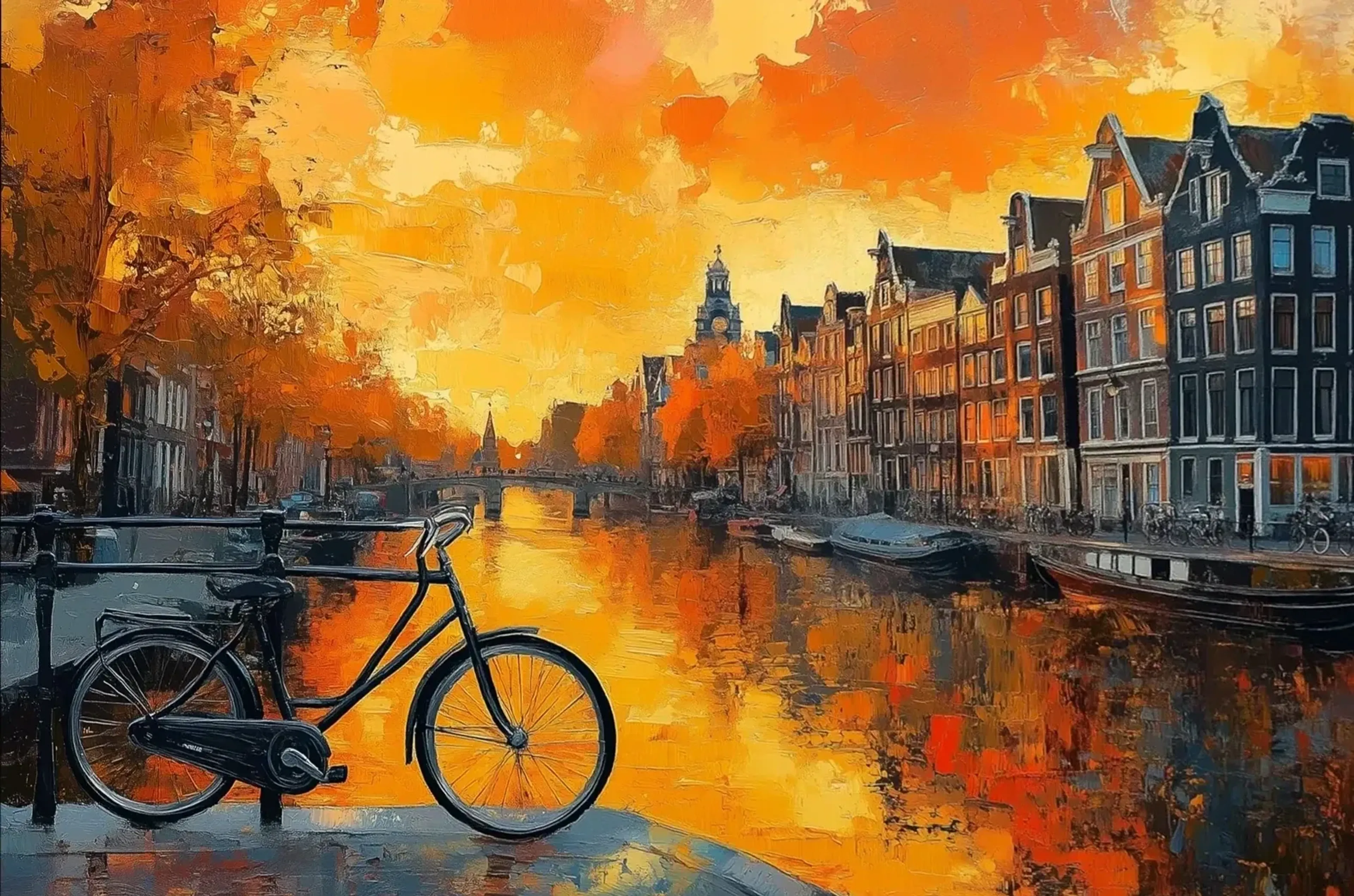 Schwarzes Fahrrad vor einer Amsterdamer Gracht mit Giebelhäusern, Booten und orangegelbem Abendhimmel.