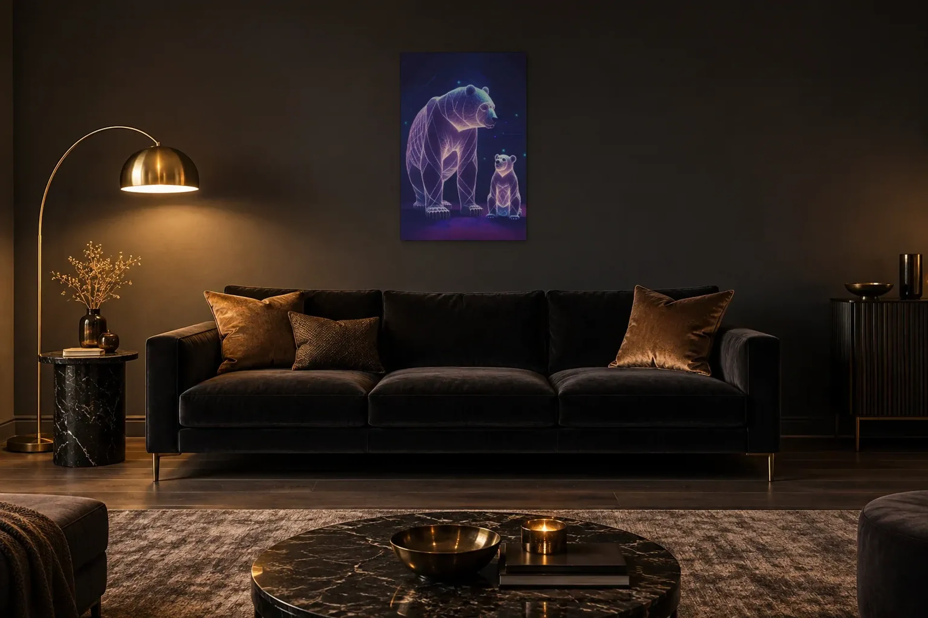 Großer kleiner Bär als Wandbild über einem 220-cm-Sofa