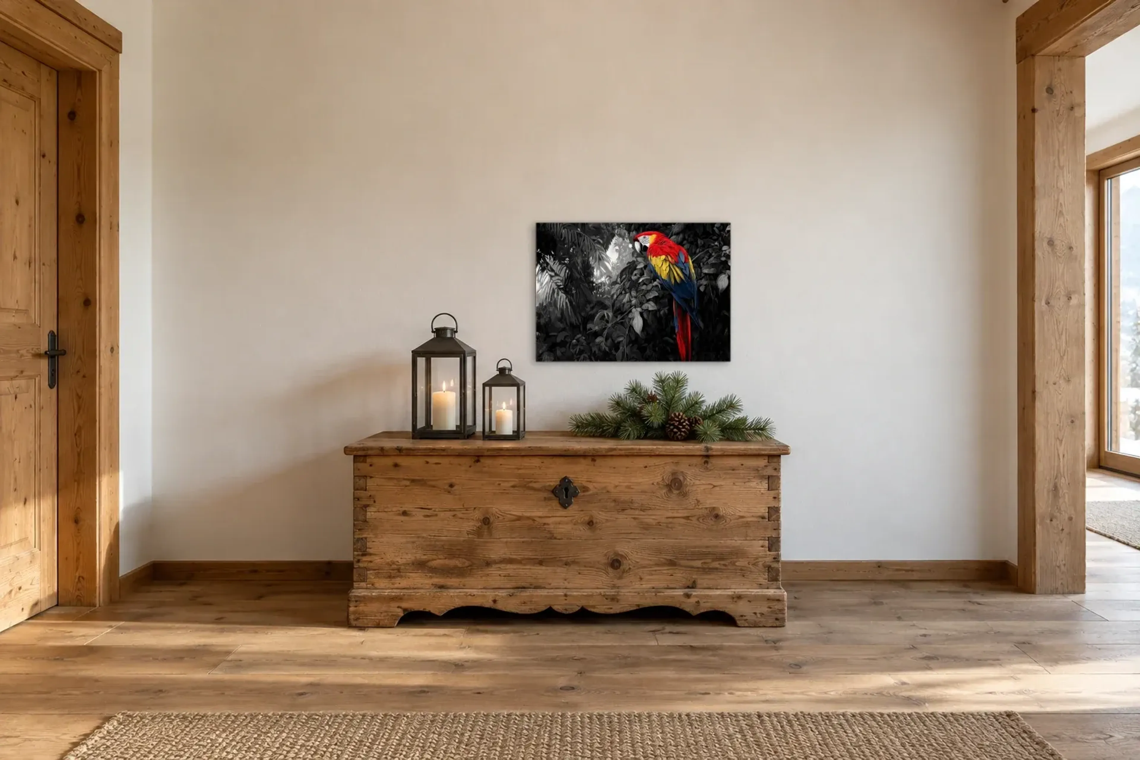 Papagei im Blätterwald als Wandbild über einer 140-cm-Truhe
