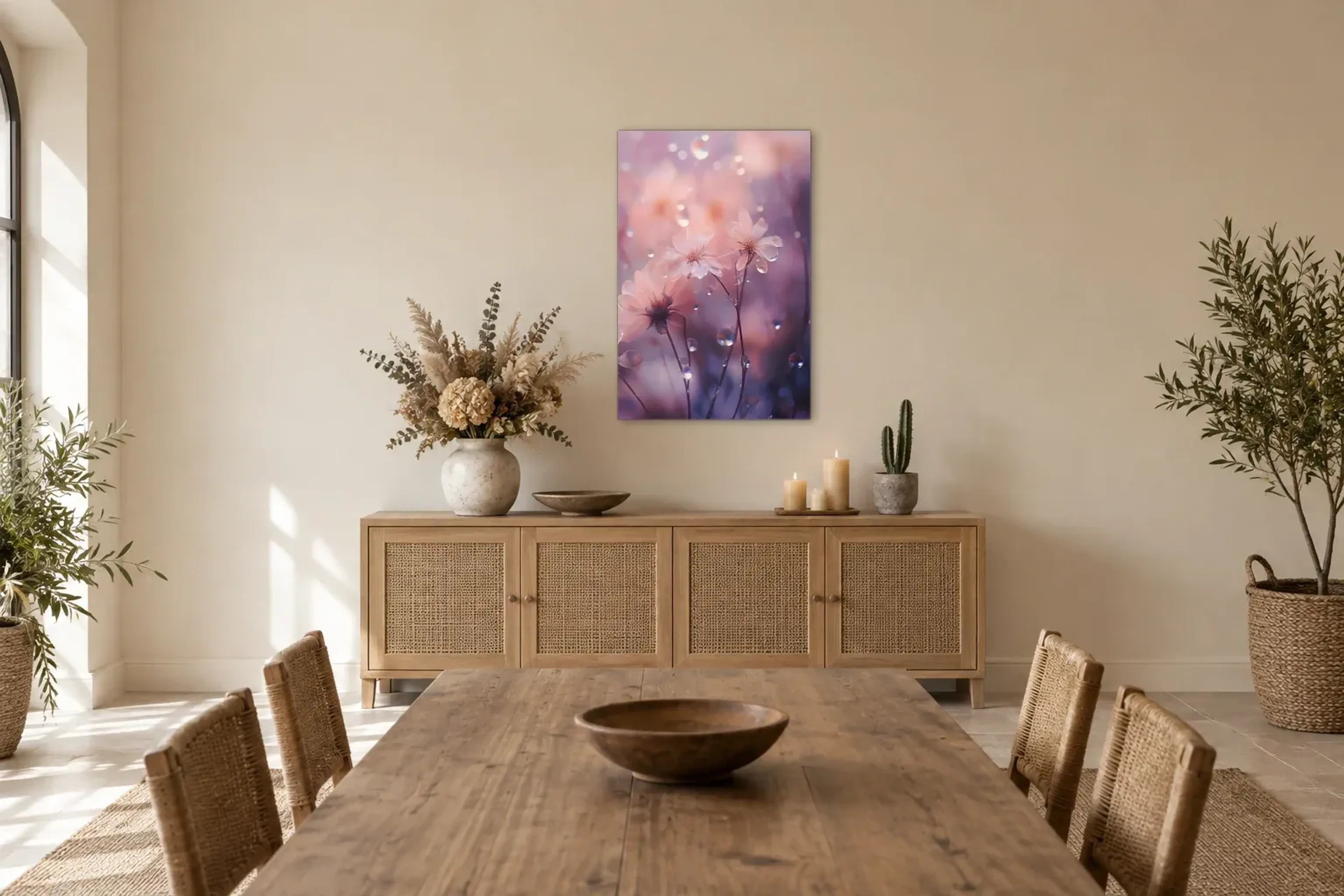 Lila Blumen als Wandbild über einem 160-cm-Sideboard