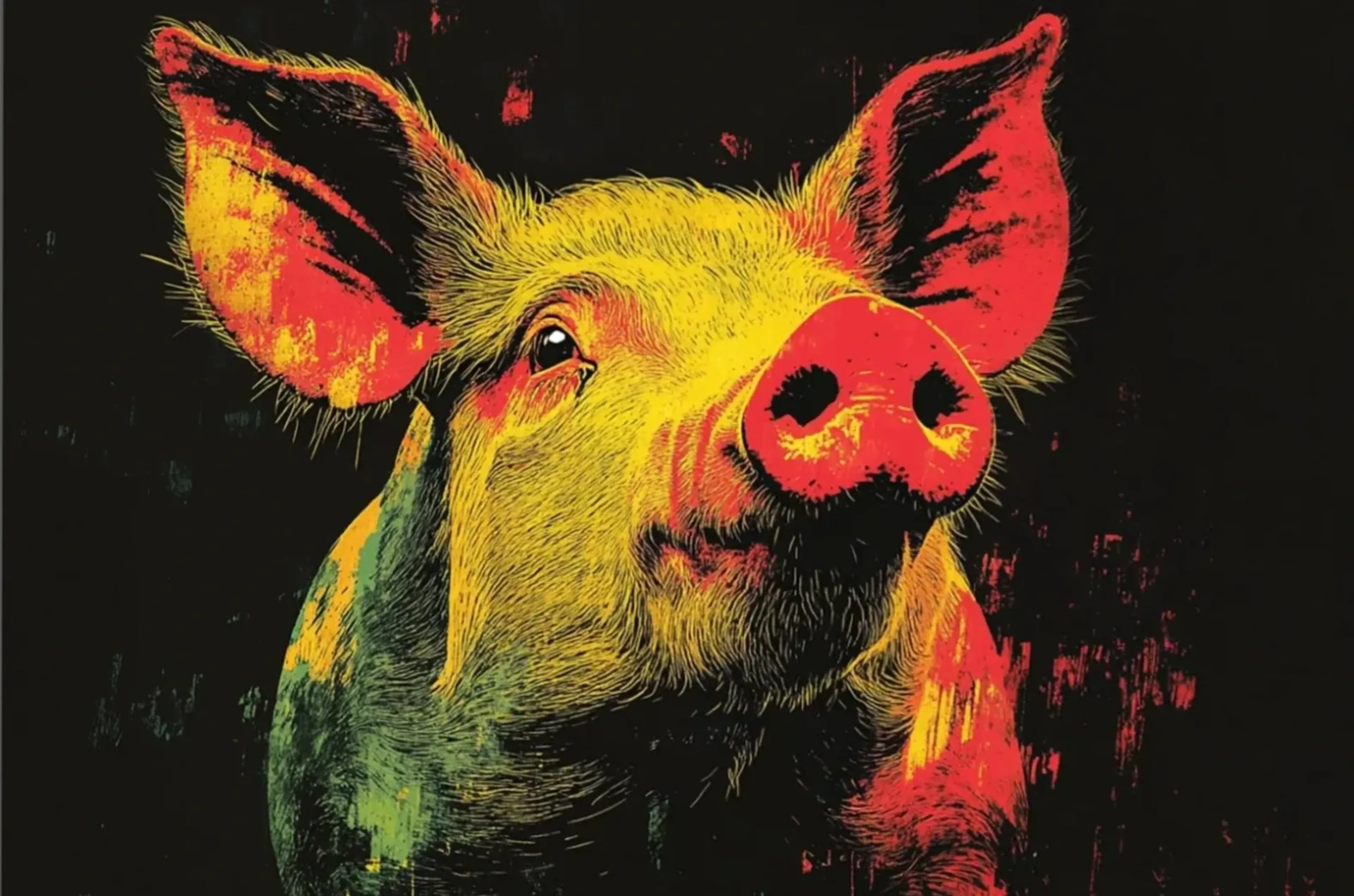 Schwein mit roter Schnauze – Motiv als Wandbild auf Holz