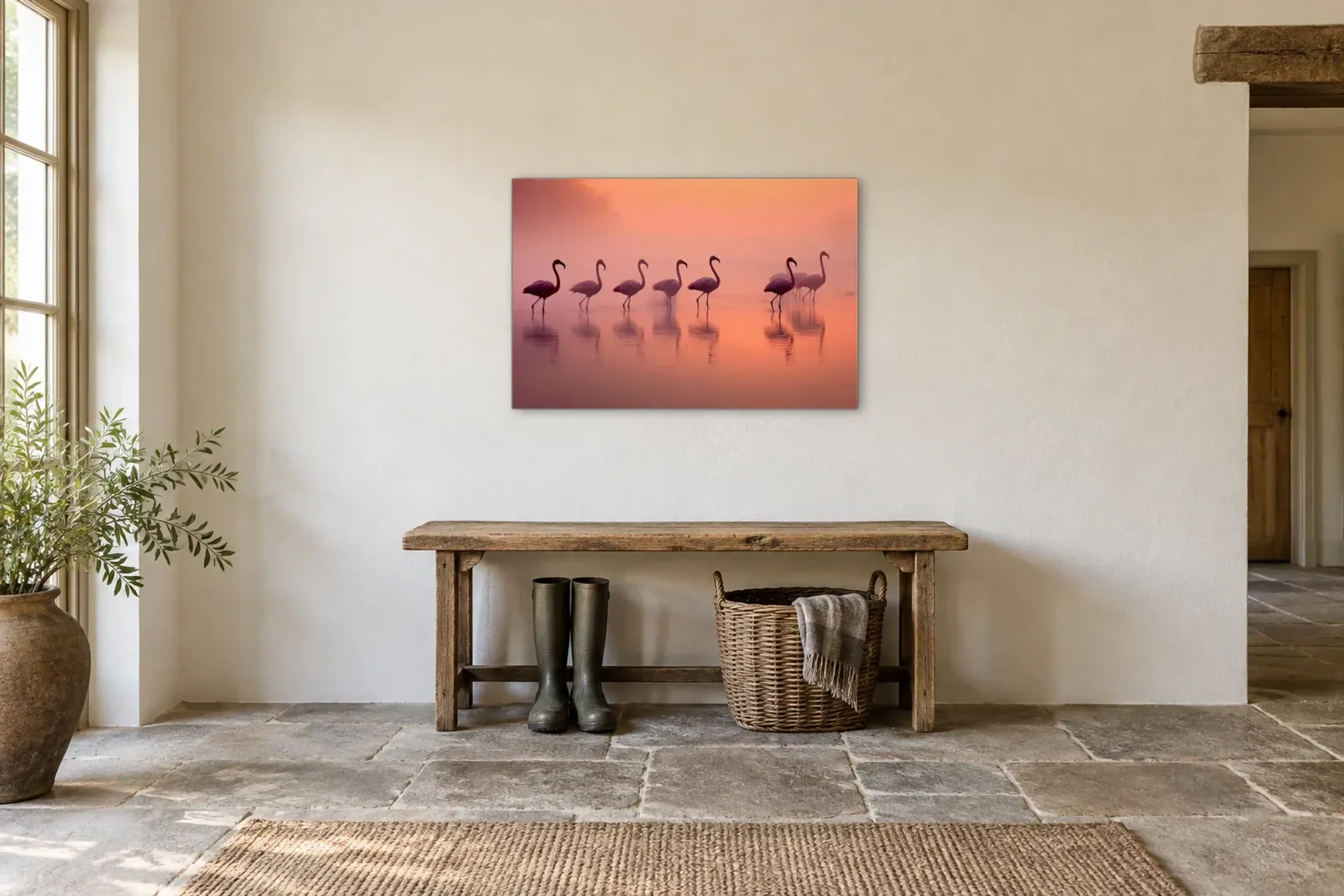 Flamingos im Nebel als Wandbild über einer 120-cm-Bank