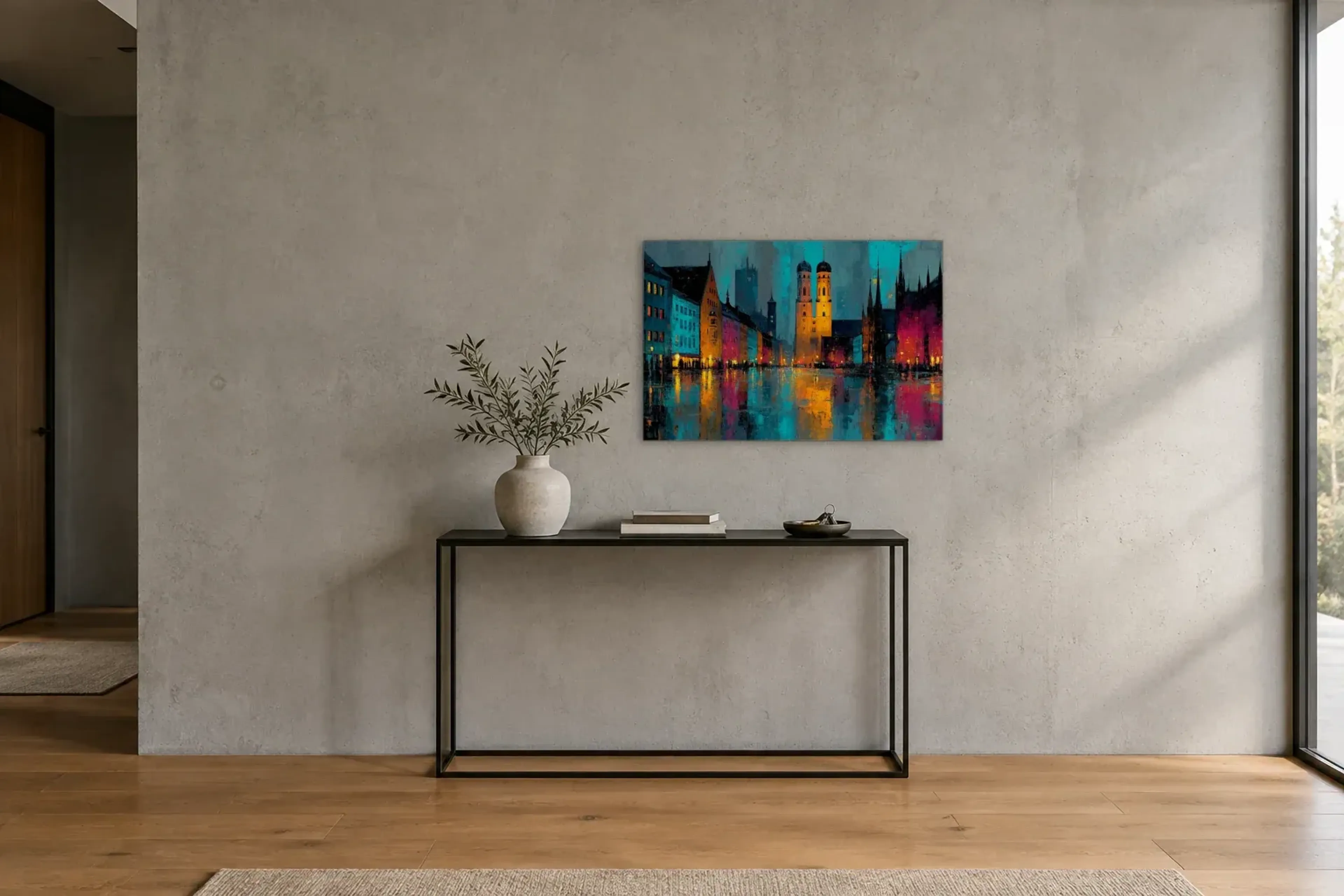 Frauenkirche im Farbenspiel als Wandbild über einer 120-cm-Konsole