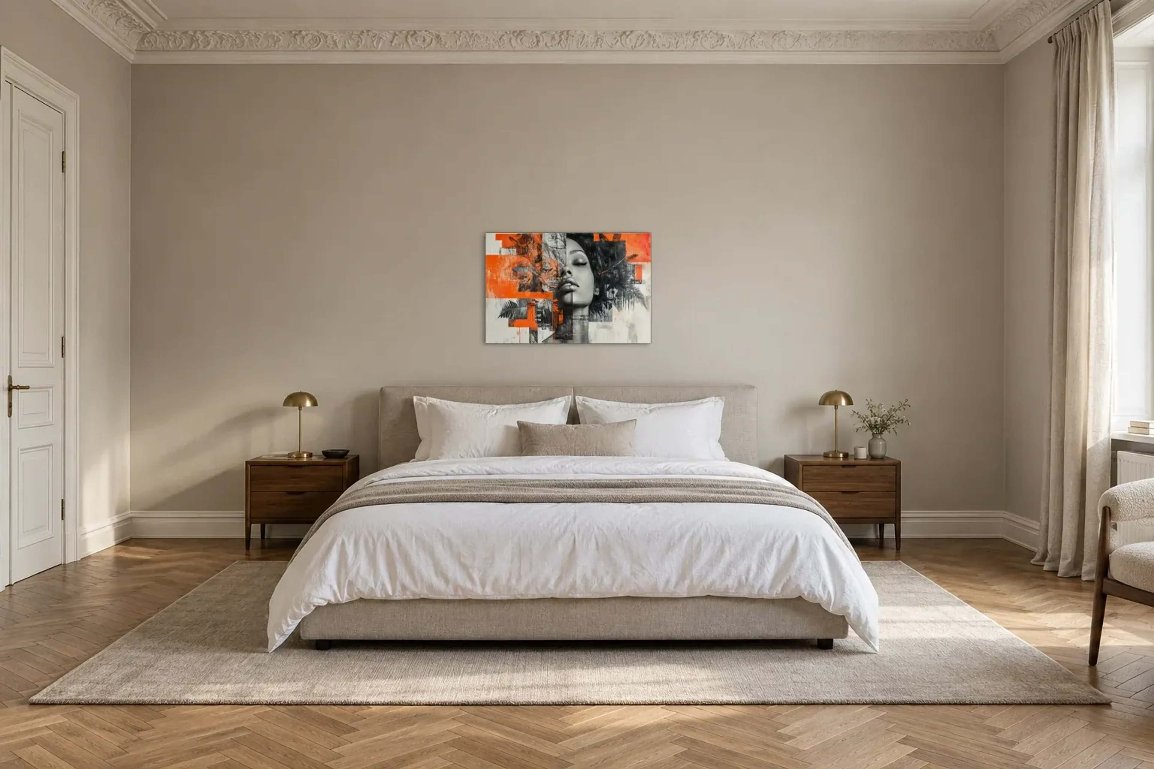 Porträt mit Farnen als Wandbild über einem 180-cm-Bett