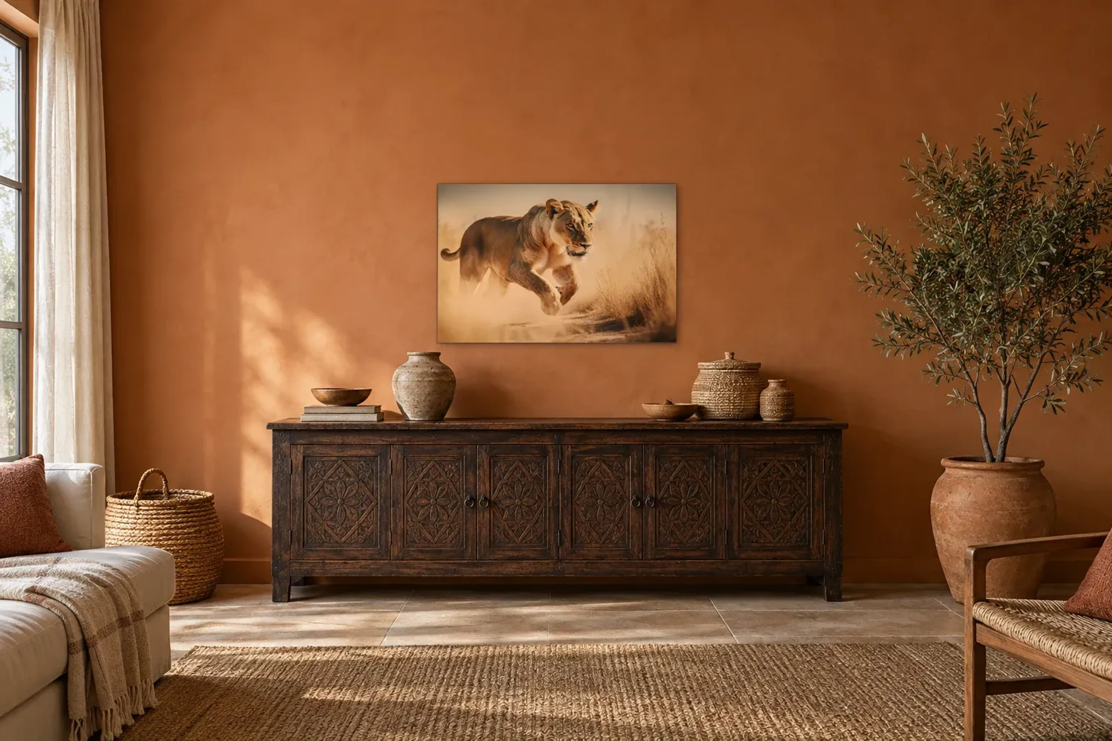 Löwin im Sprung als Wandbild über einem 180-cm-Sideboard