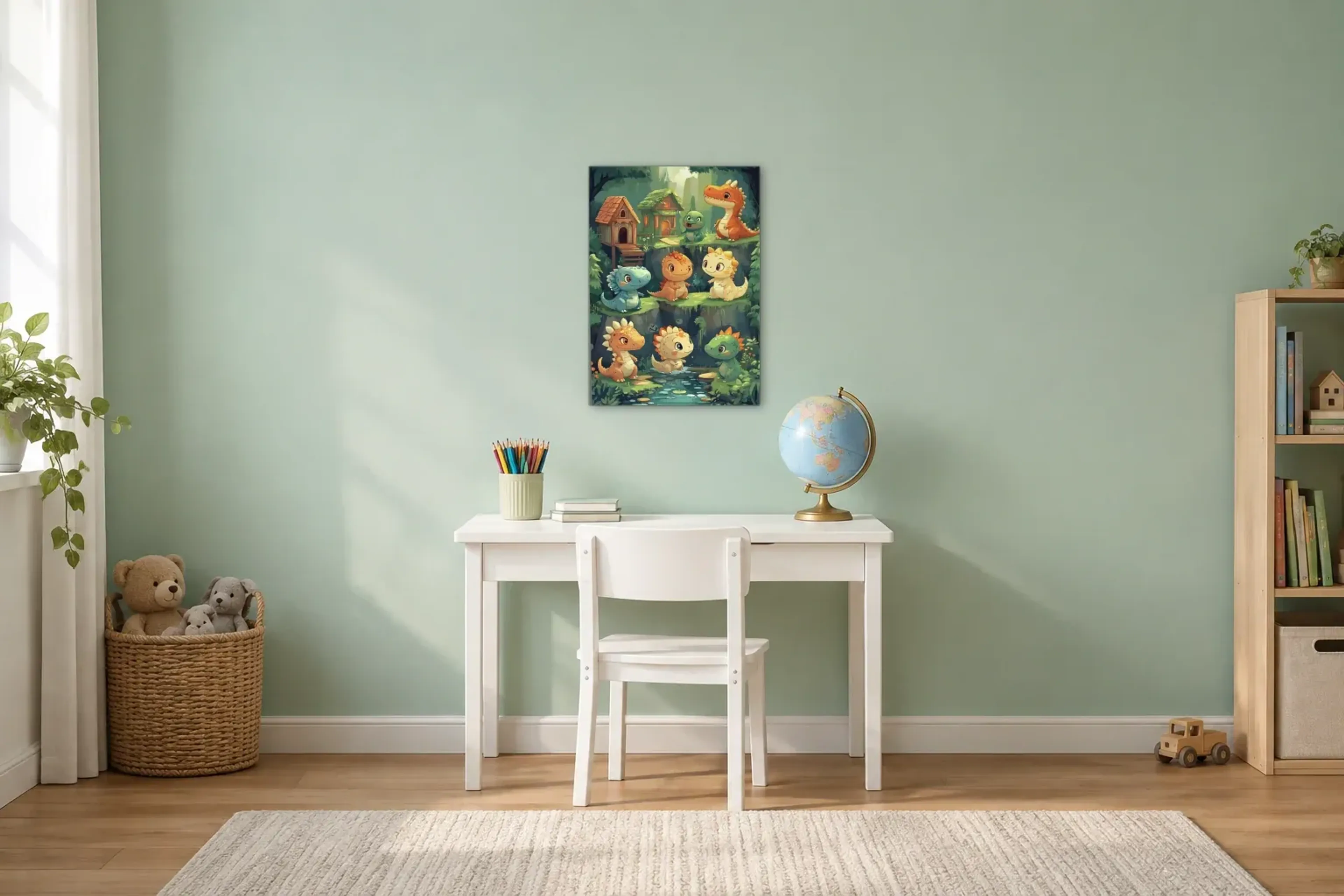 Kleine Dinos im Walddorf als Wandbild über einem 110-cm-Kinderschreibtisch