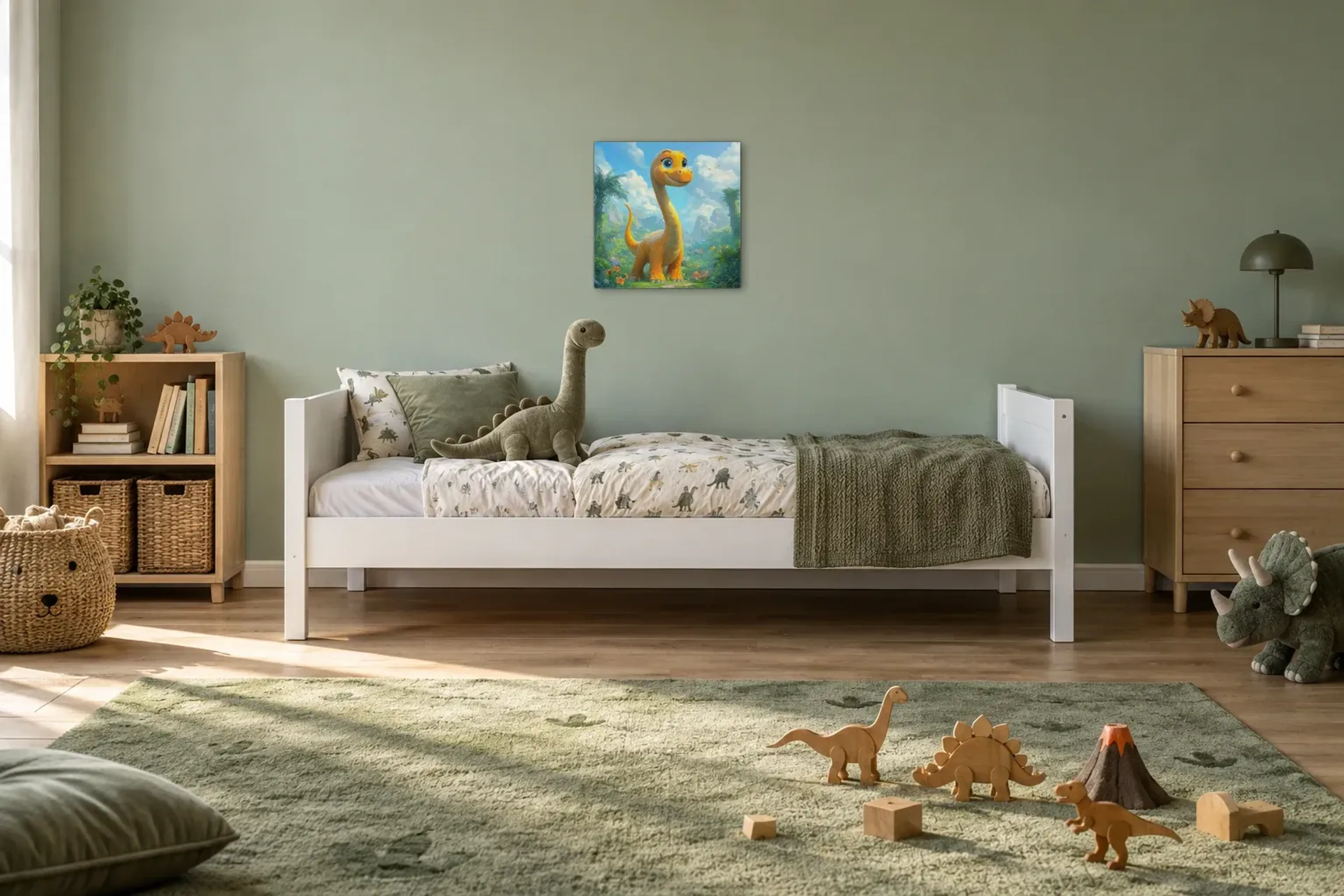 Goldgelber Langhals im Blumental als Wandbild über einem 200-cm-Kinderbett