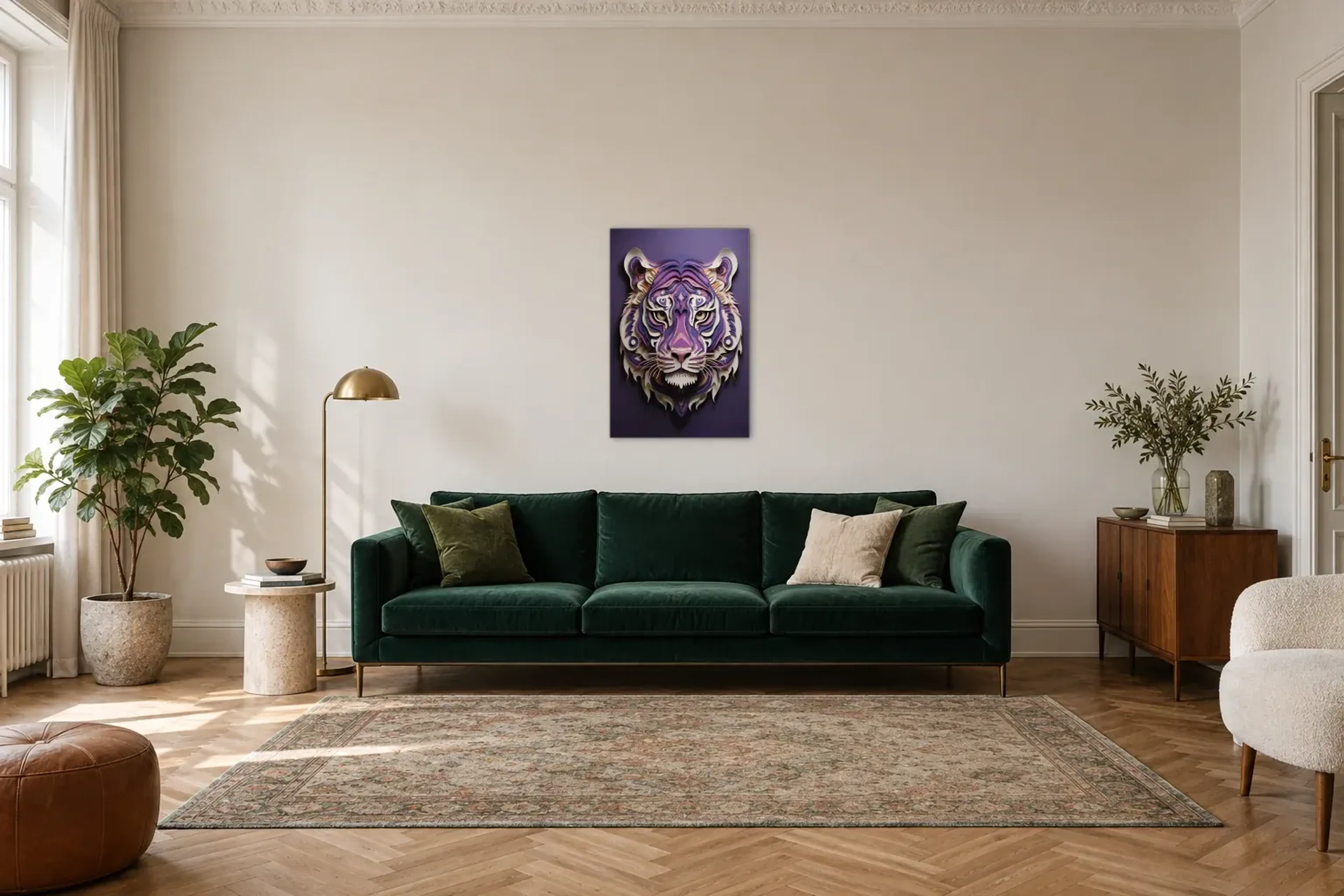 Tiger abstrakt als Wandbild über einem 220-cm-Sofa