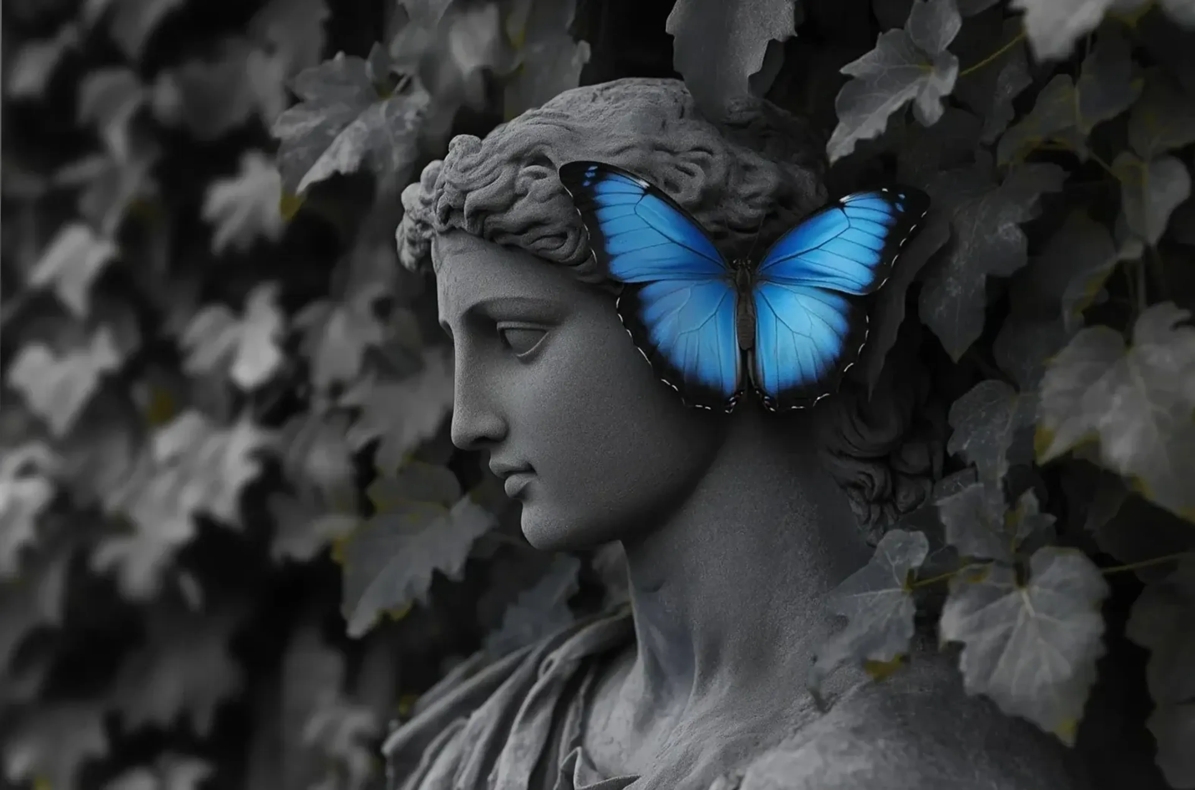 Ein leuchtend blauer Schmetterling sitzt am Kopf einer grauen Statue im Profil, umgeben von dunklem Blattwerk.