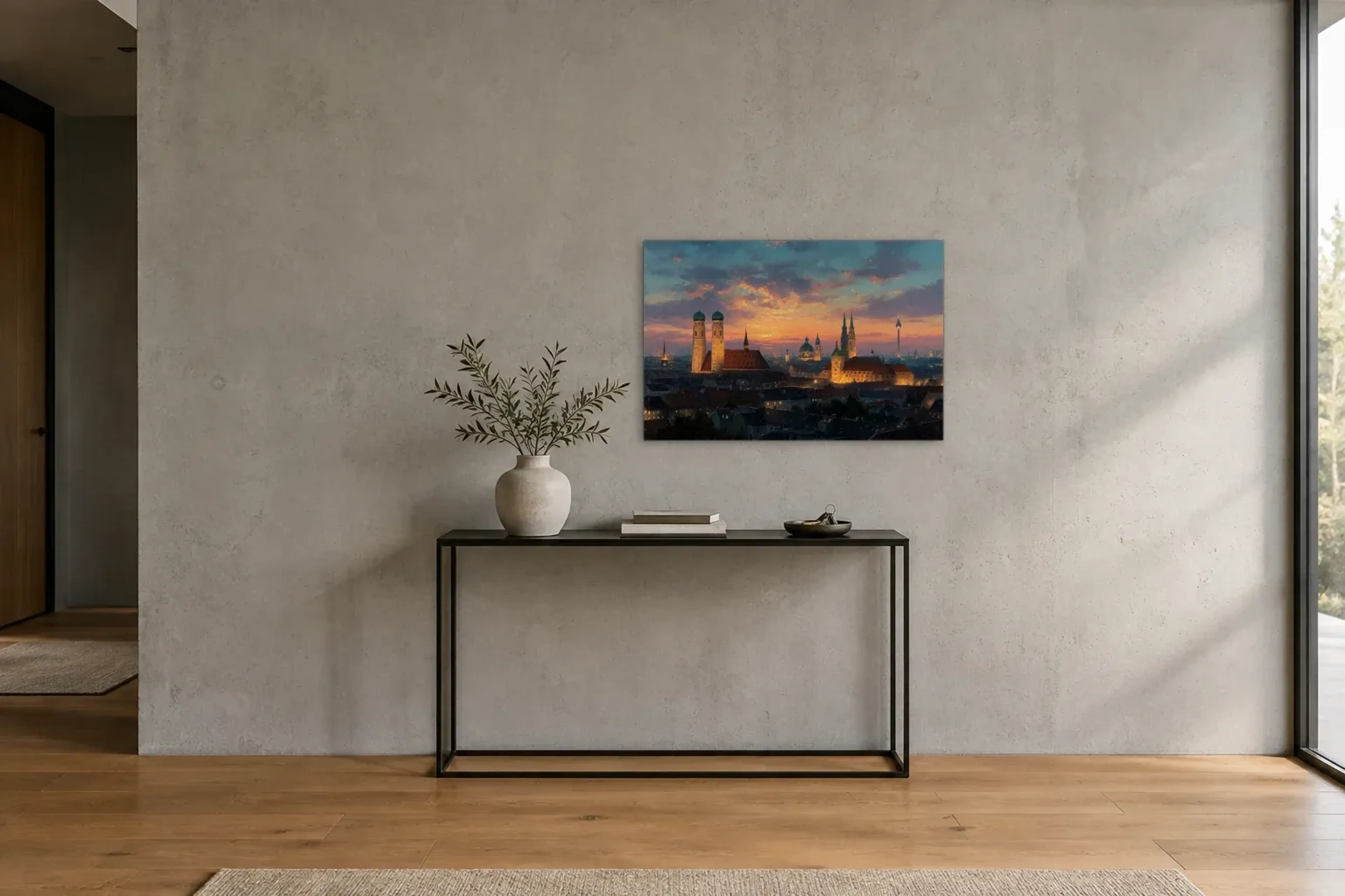 München im Abendglühen als Wandbild über einer 120-cm-Konsole